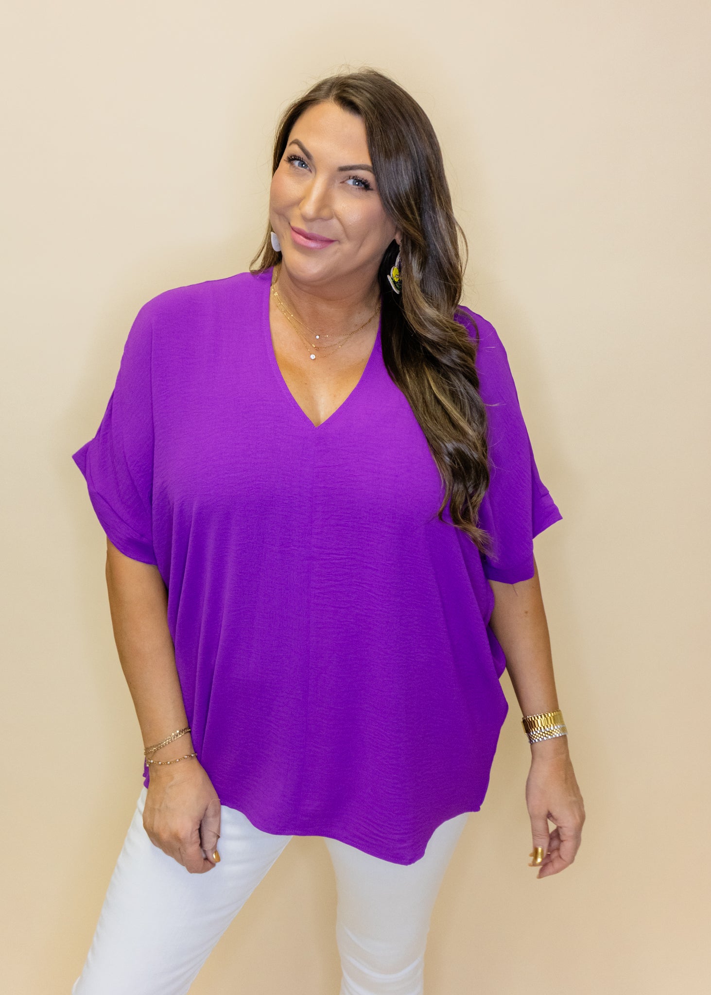 Purple Solid V-Neck Top