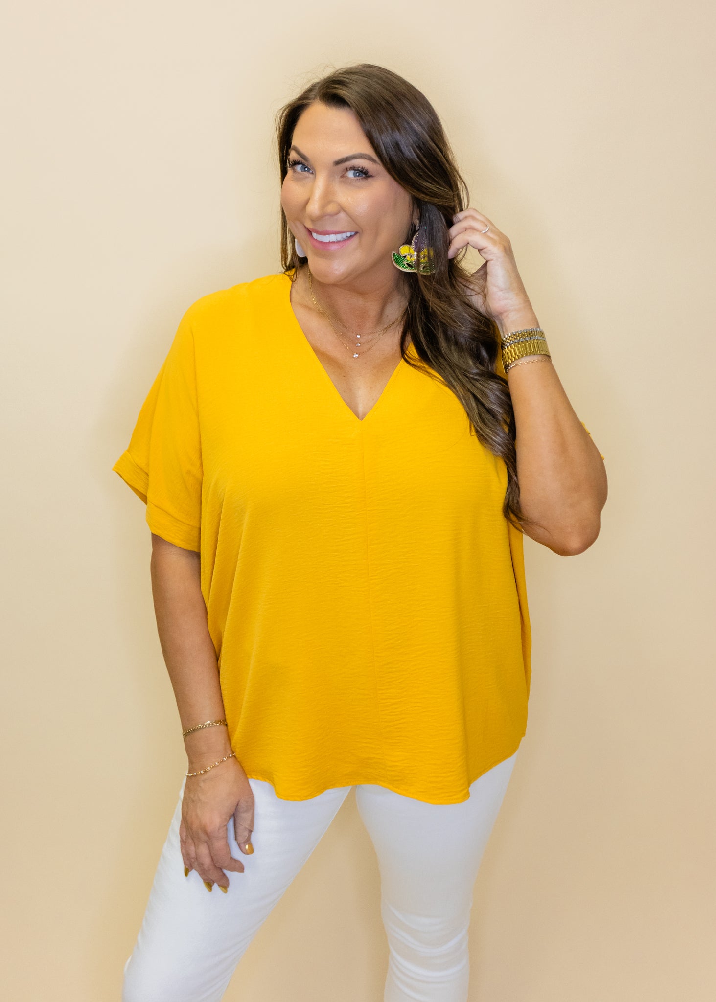 Mustard Solid V-Neck Top