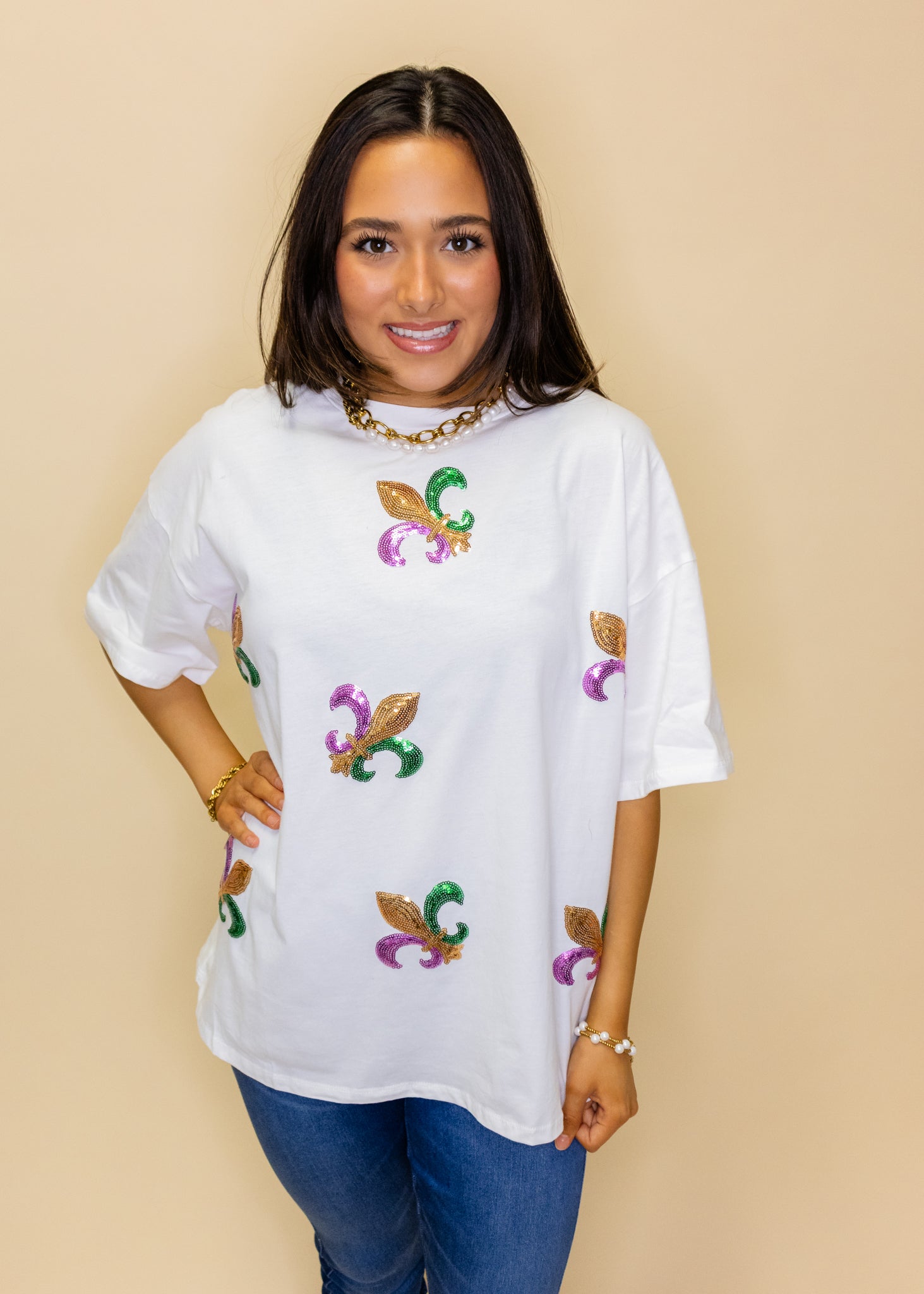 White Short Sleeve Fleur-De-Lis Sequin Top