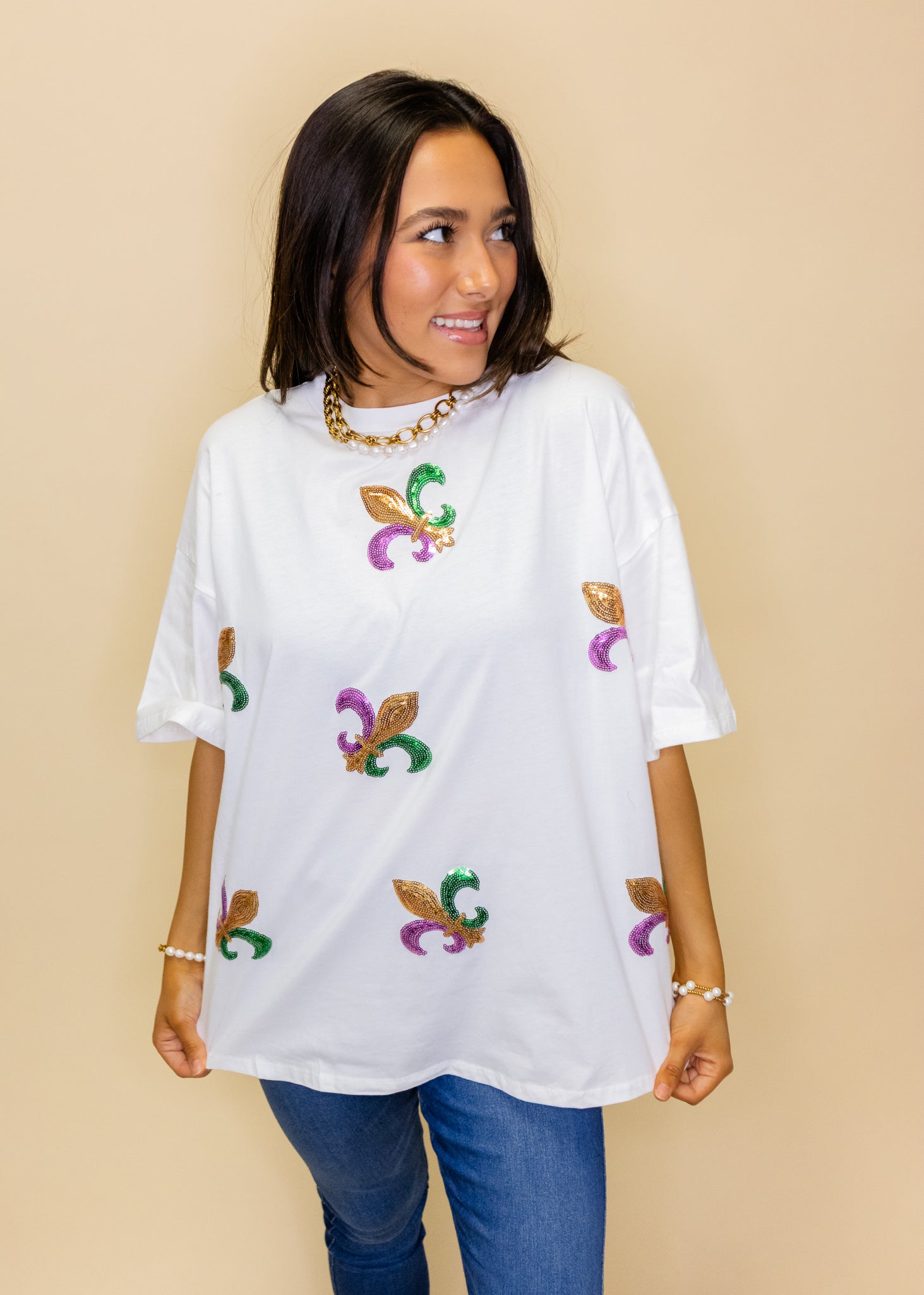 White Short Sleeve Fleur-De-Lis Sequin Top