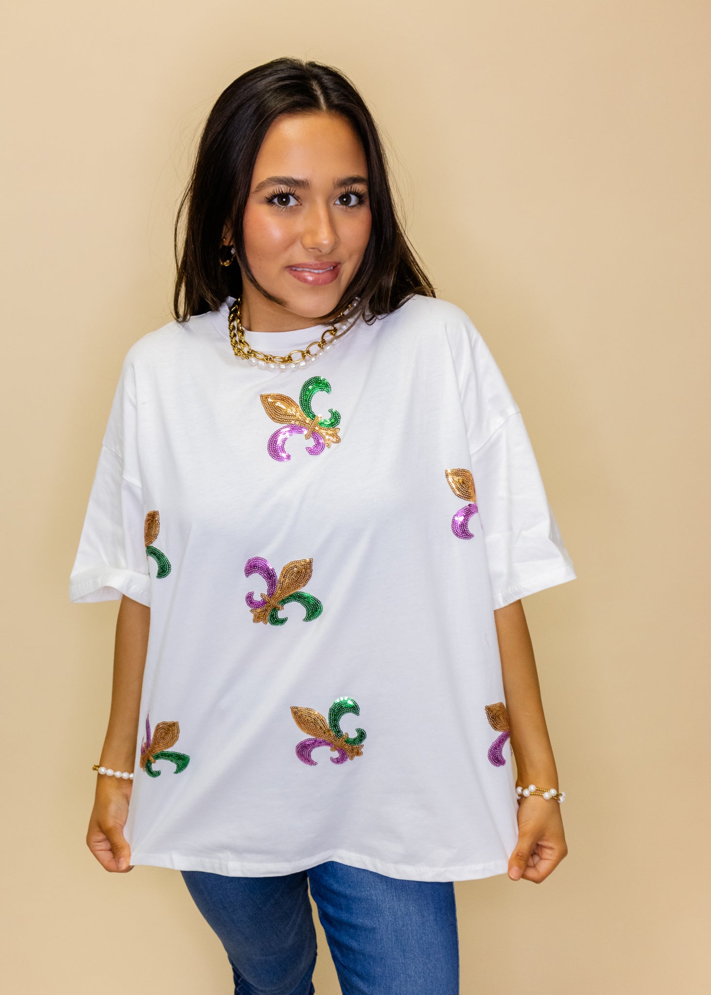 White Short Sleeve Fleur-De-Lis Sequin Top