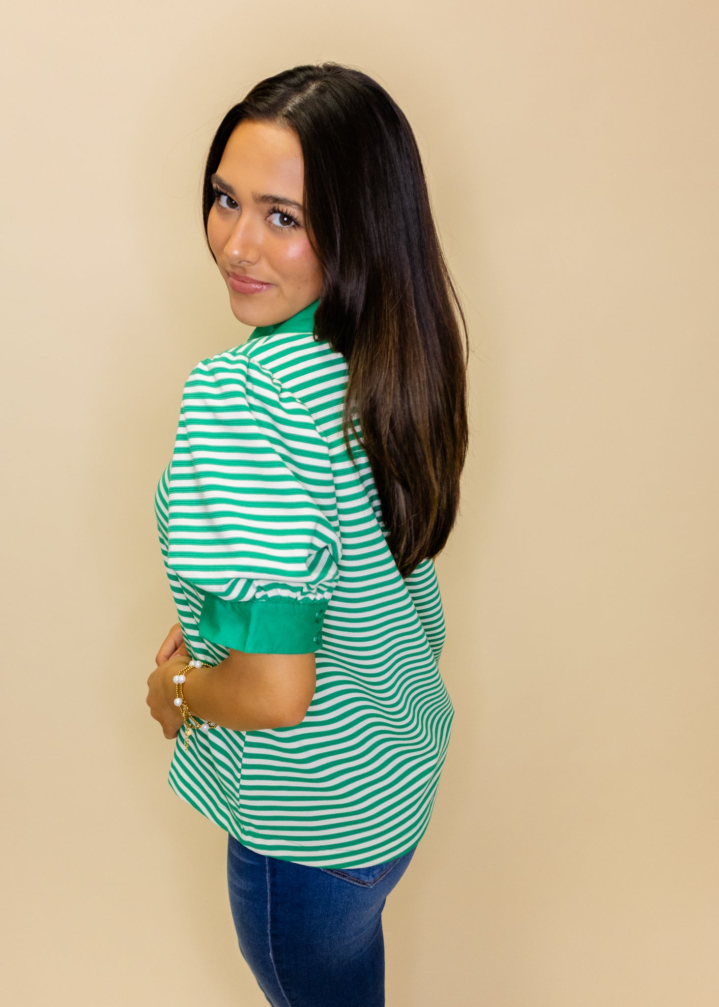 Kelly Green Contrast Detail Stripe Top