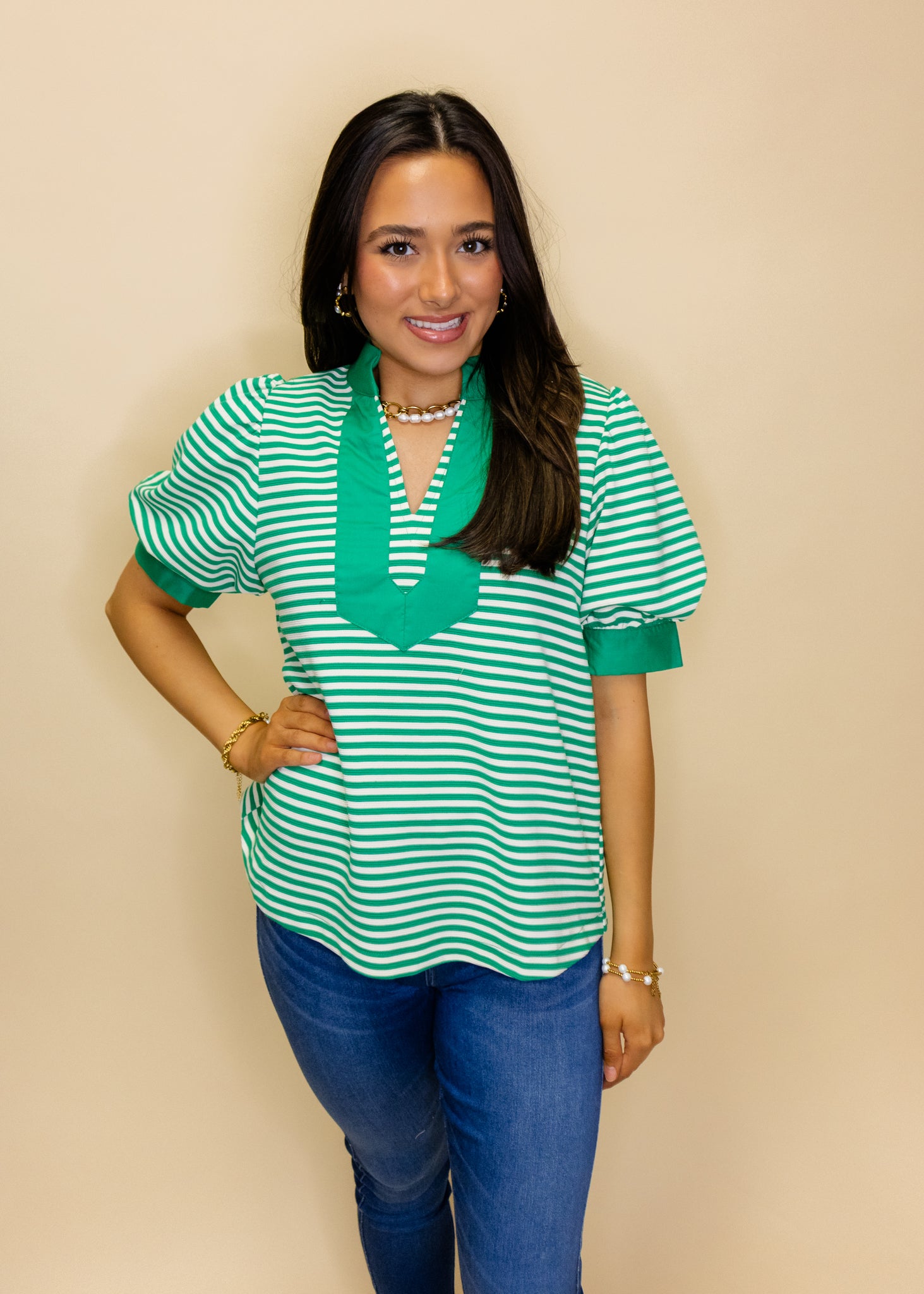 Kelly Green Contrast Detail Stripe Top