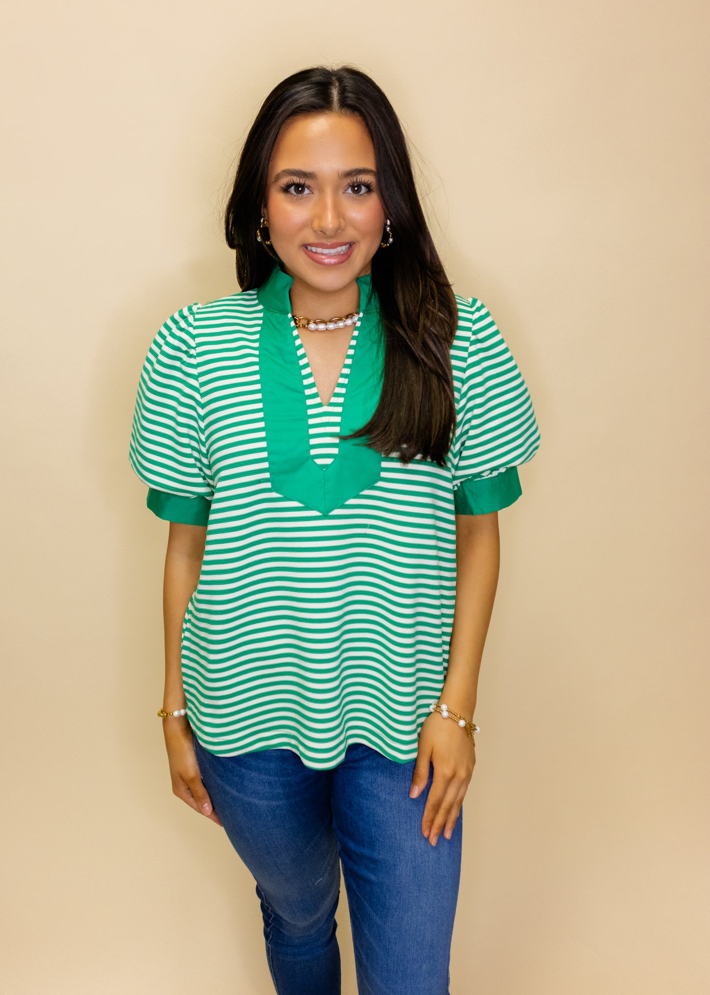 Kelly Green Contrast Detail Stripe Top