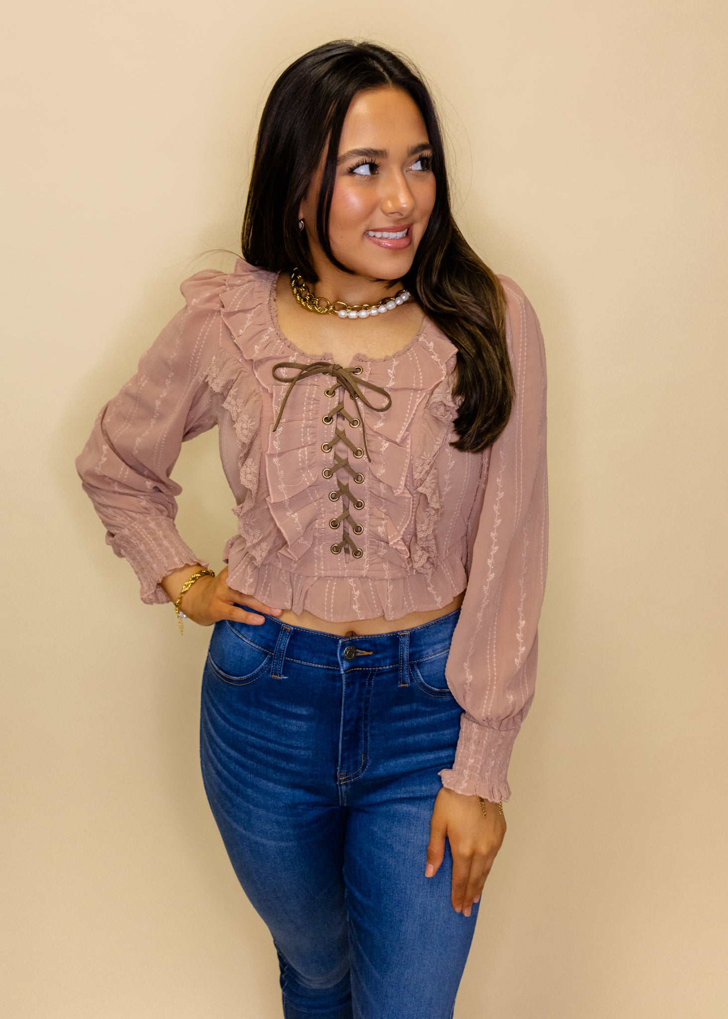 Blush Ruffle Lace Up Top