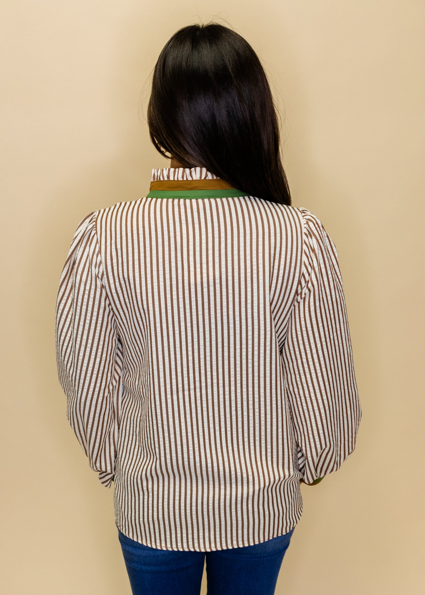 Brown Stripe Button Contrast Top