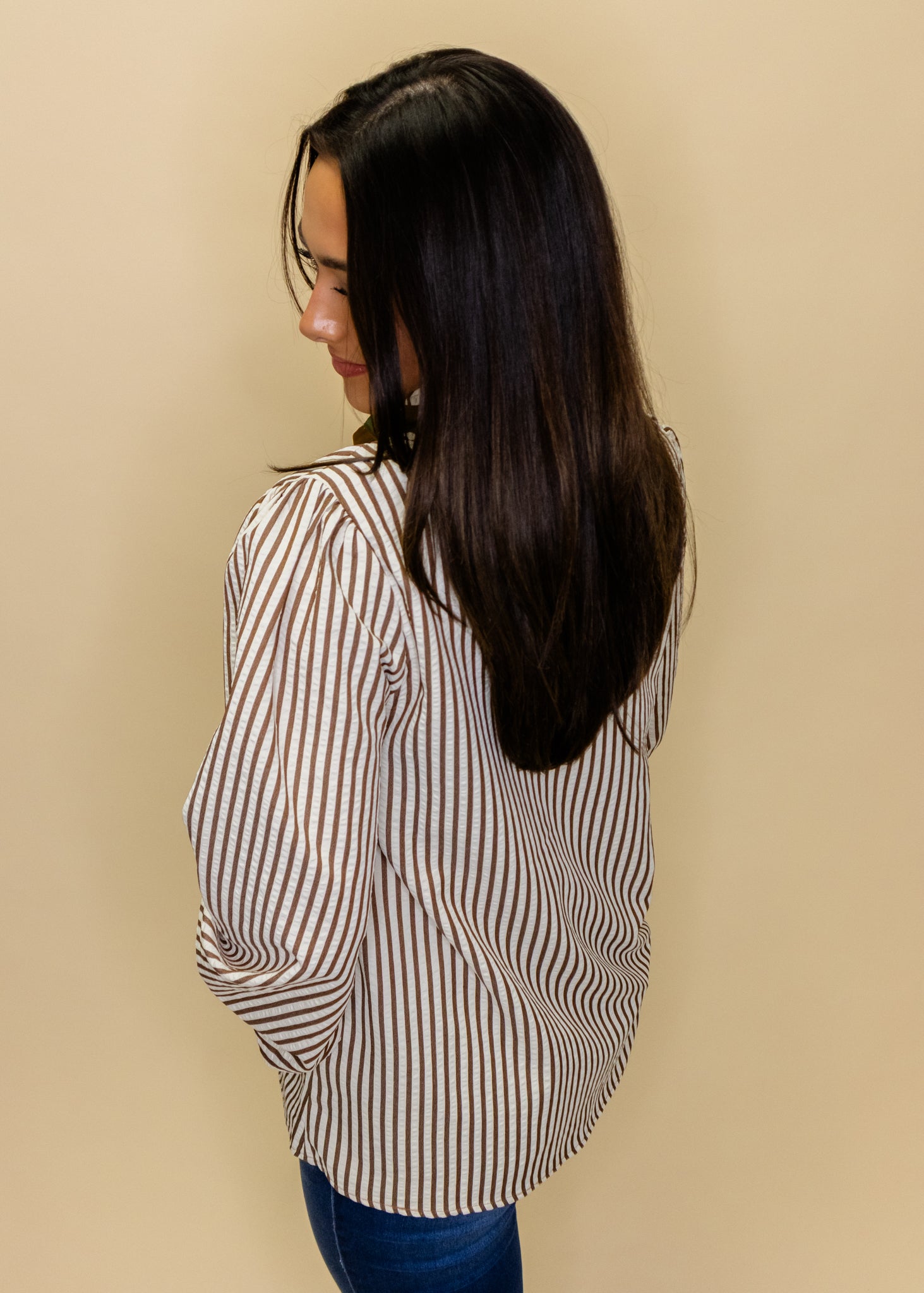 Brown Stripe Button Contrast Top