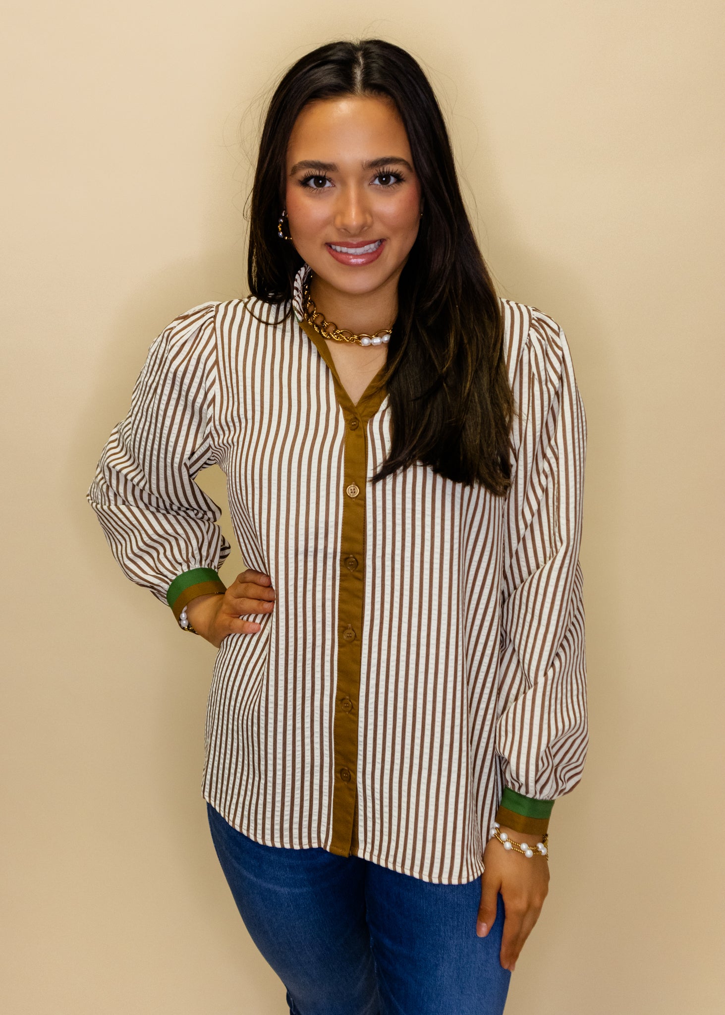 Brown Stripe Button Contrast Top
