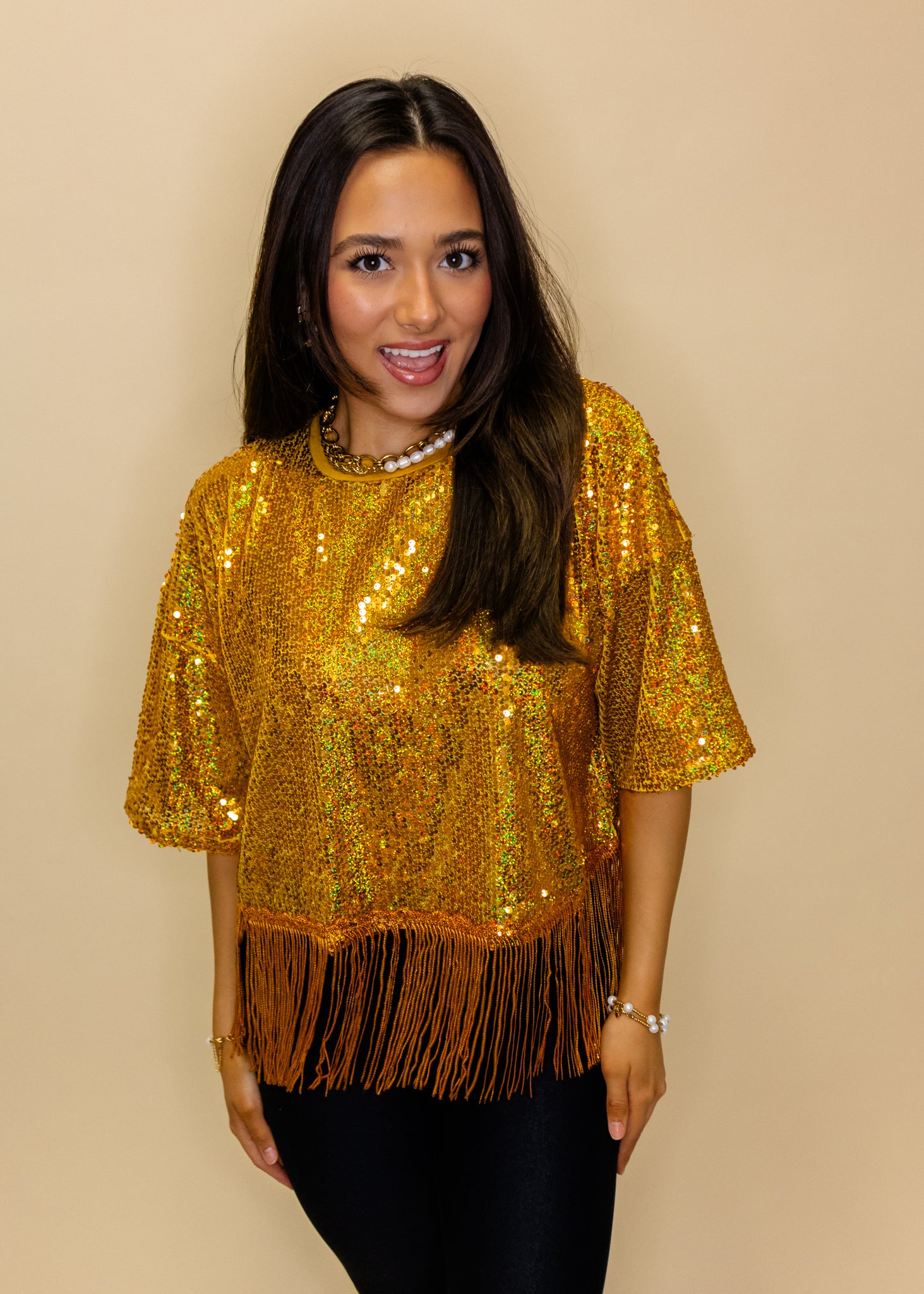 Gold Sequin Fringe Top