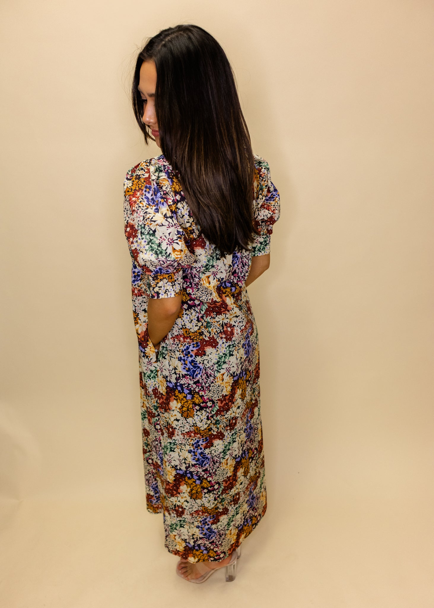Multi Floral Button Midi Dress