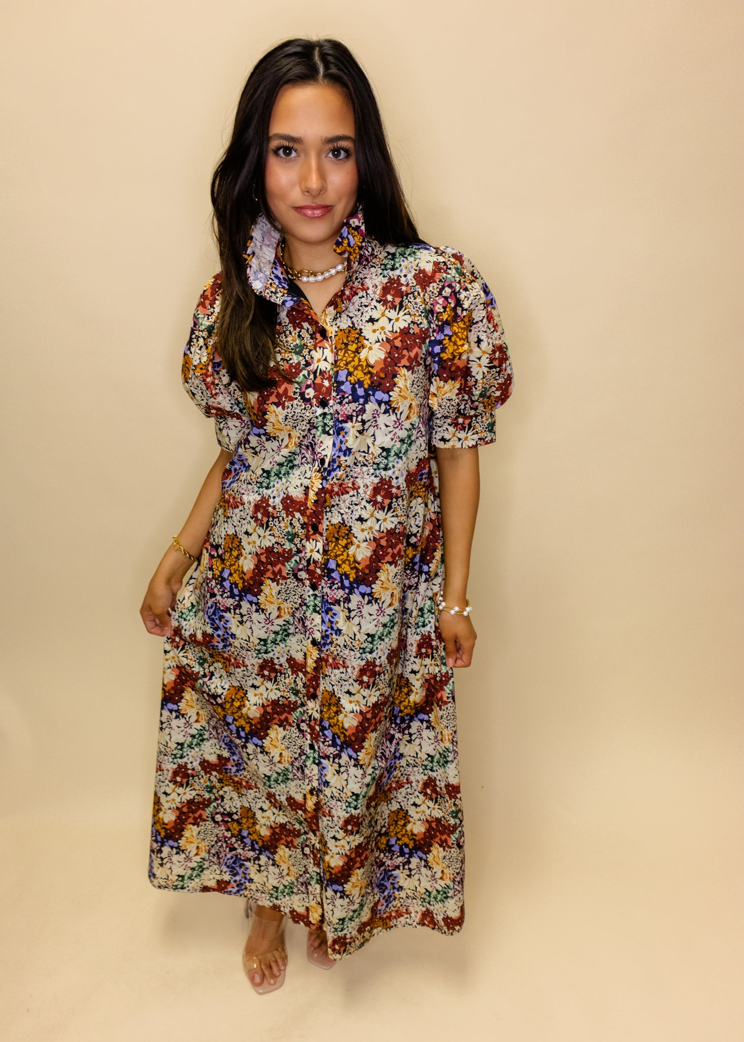 Multi Floral Button Midi Dress