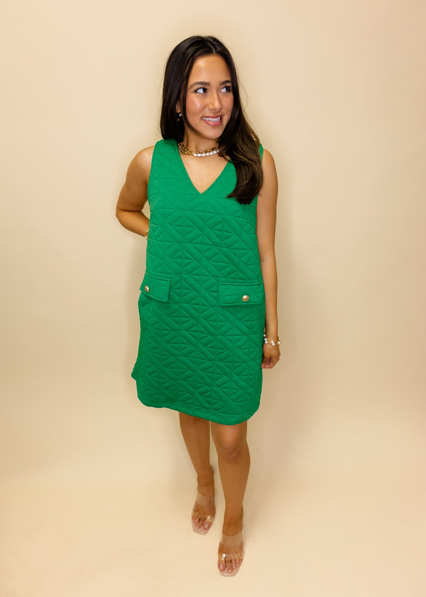 Kelly Green Textured Solid Shift Dress