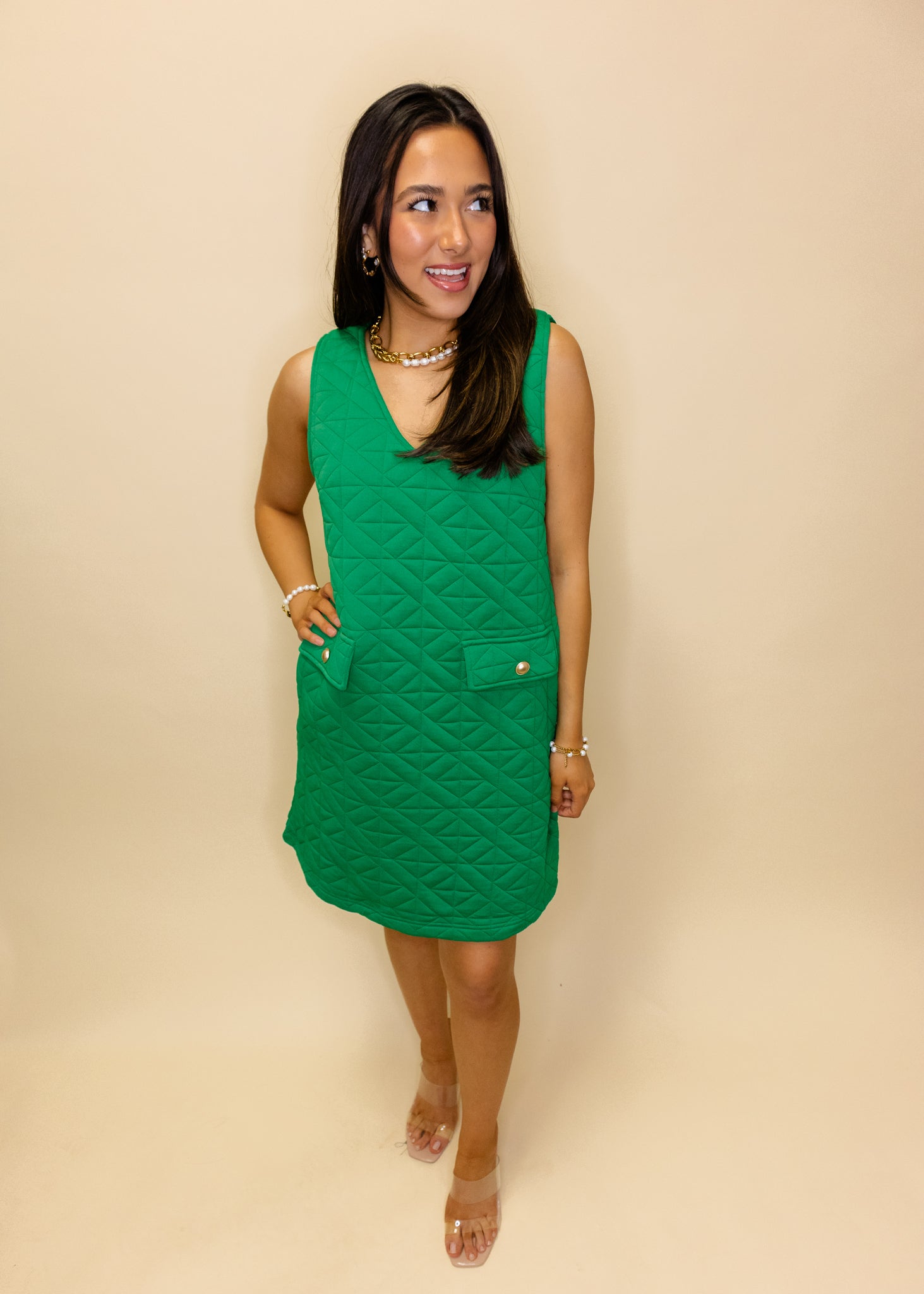 Kelly Green Textured Solid Shift Dress