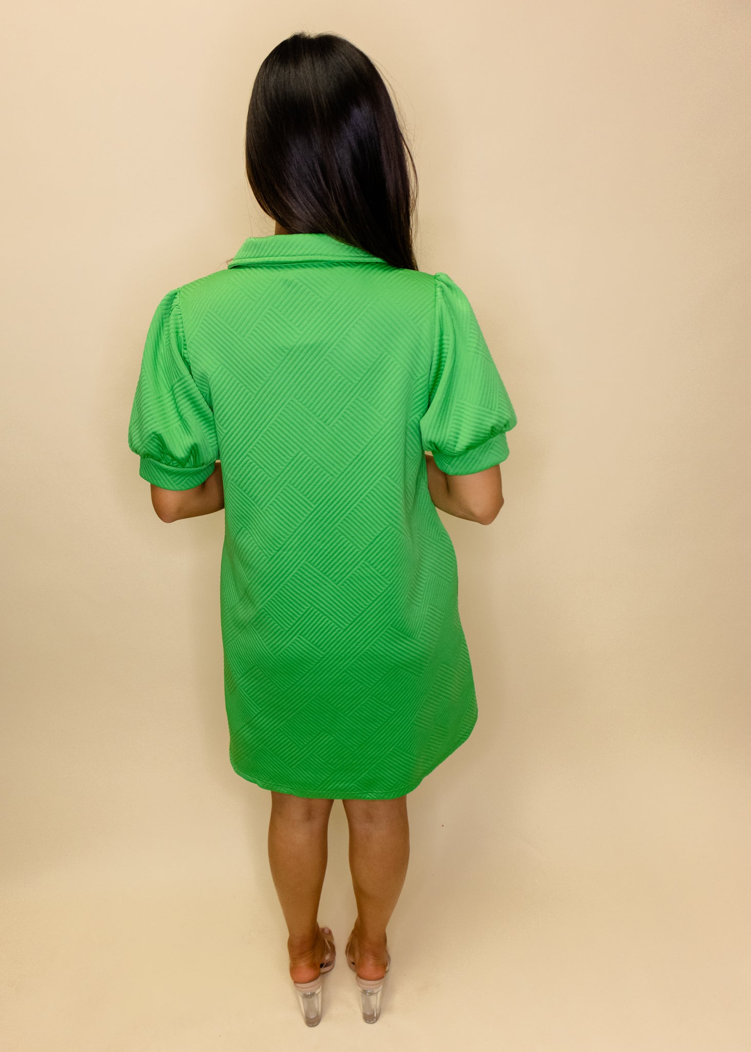 Green Textured Open Collar Dress