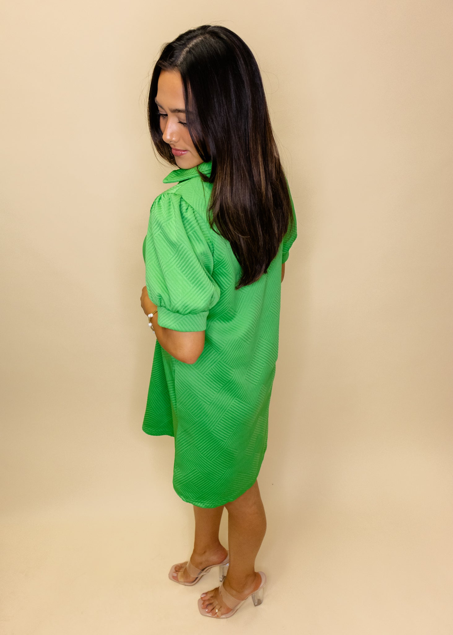 Green Textured Open Collar Dress