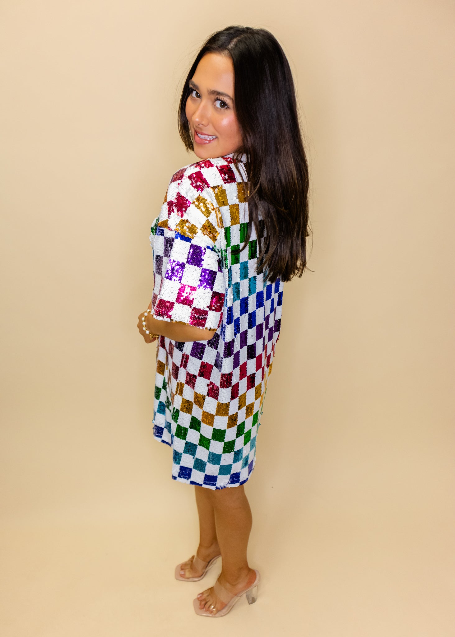 Rainbow Checkered Sequin Dress