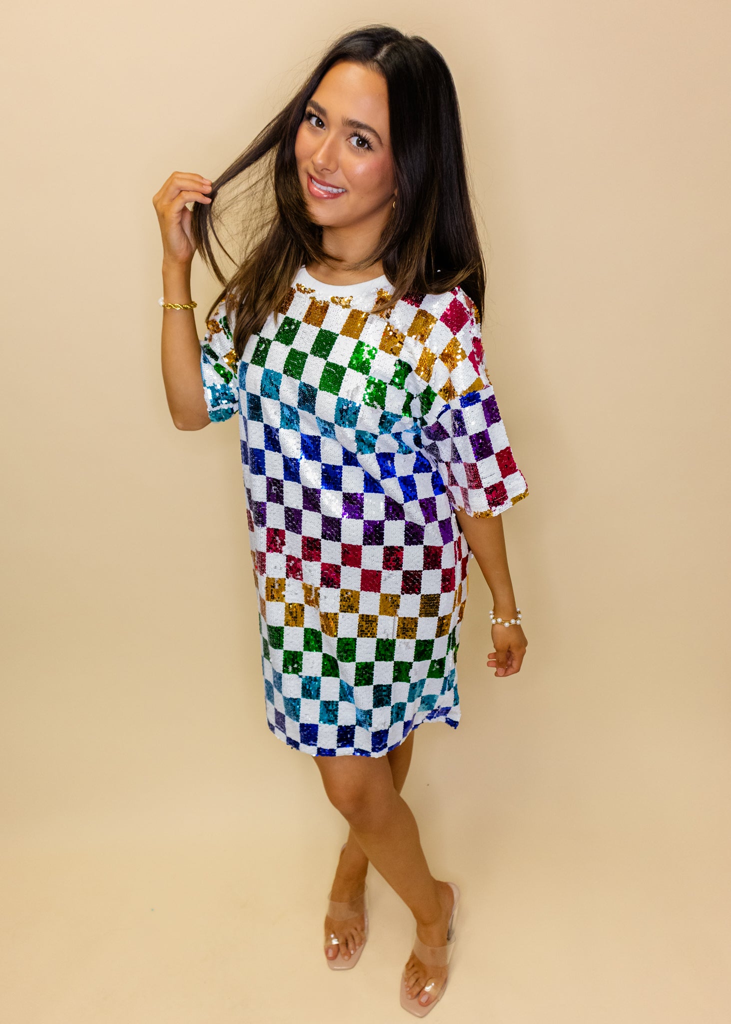 Rainbow Checkered Sequin Dress