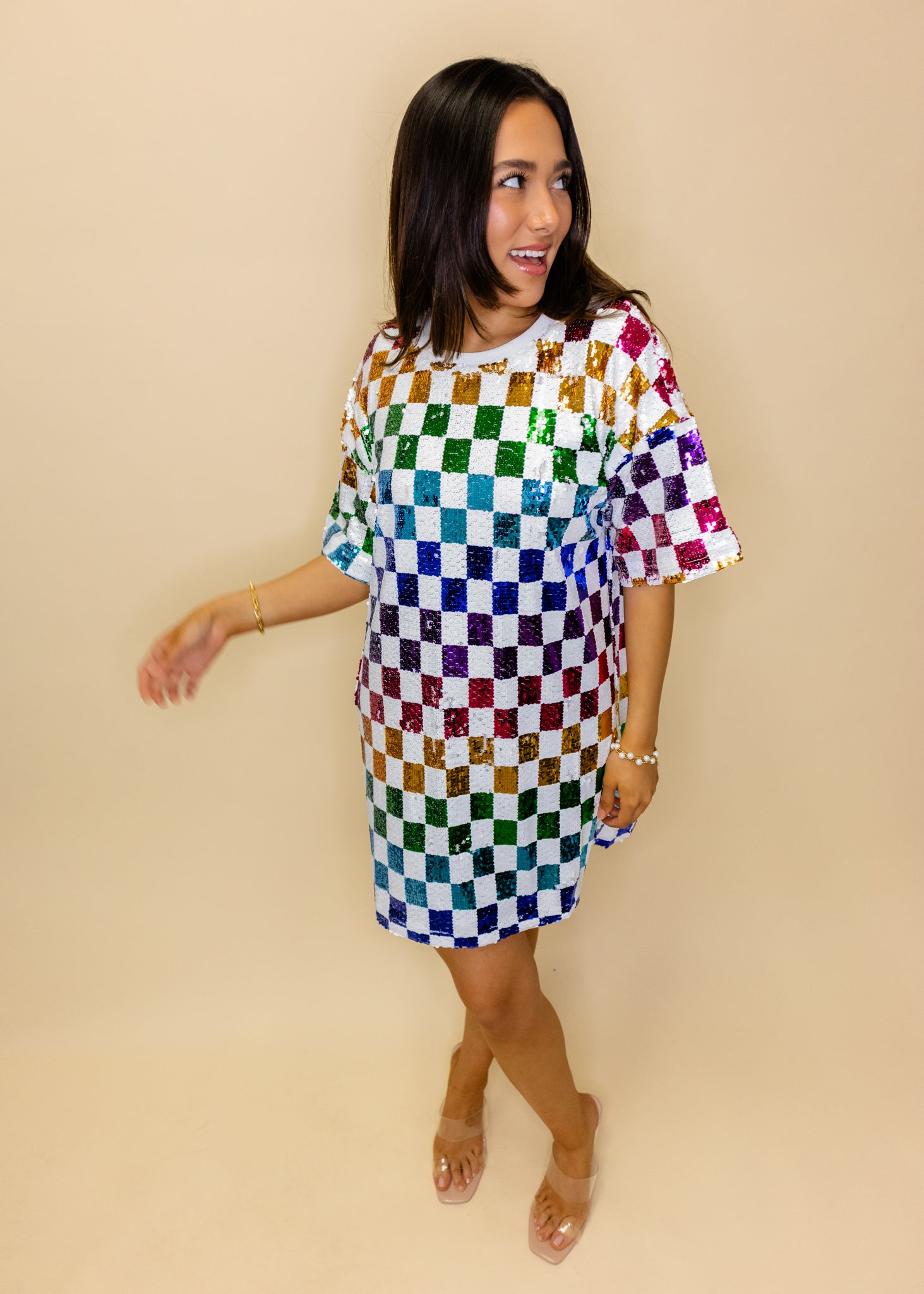 Rainbow Checkered Sequin Dress