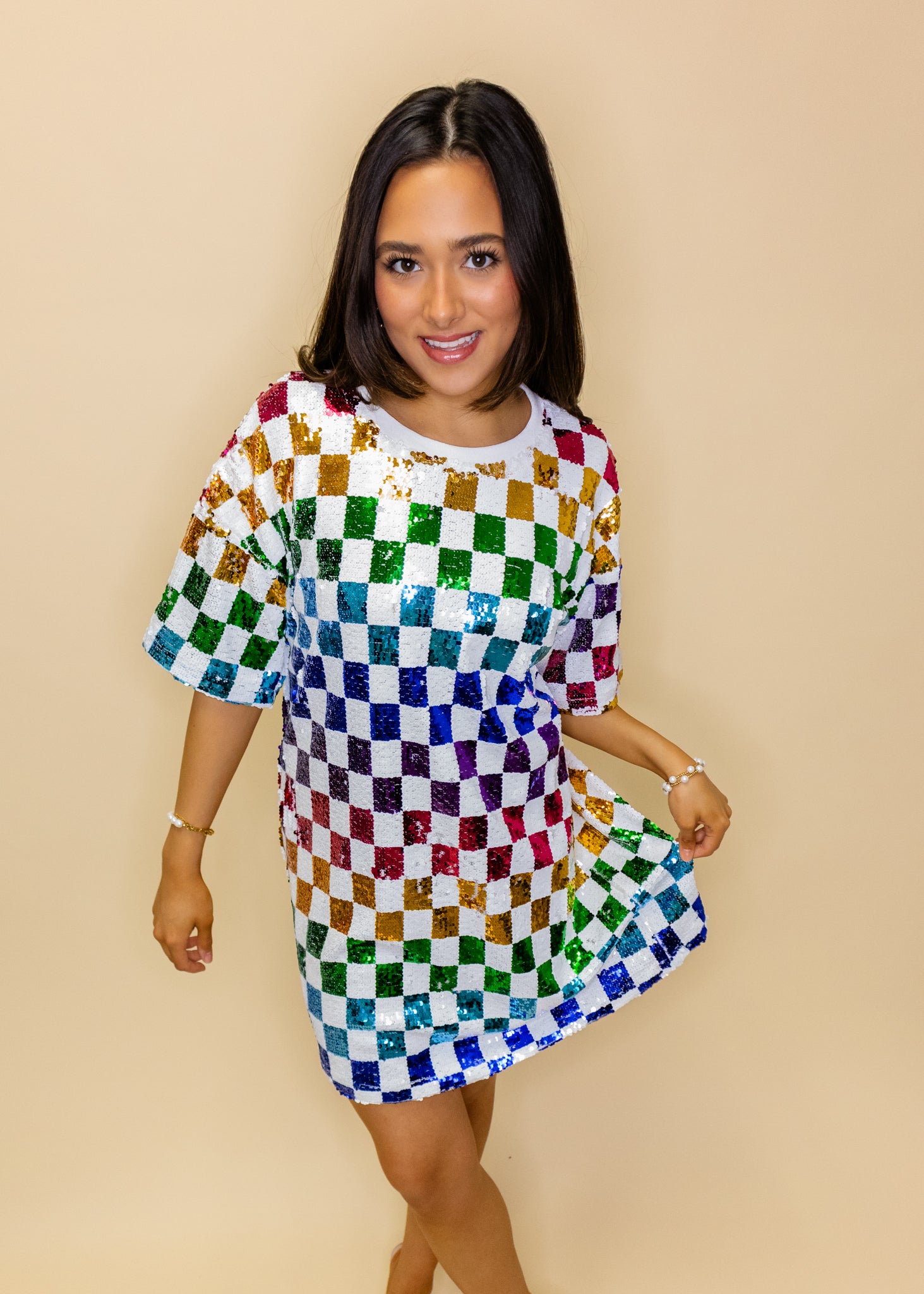 Rainbow Checkered Sequin Dress