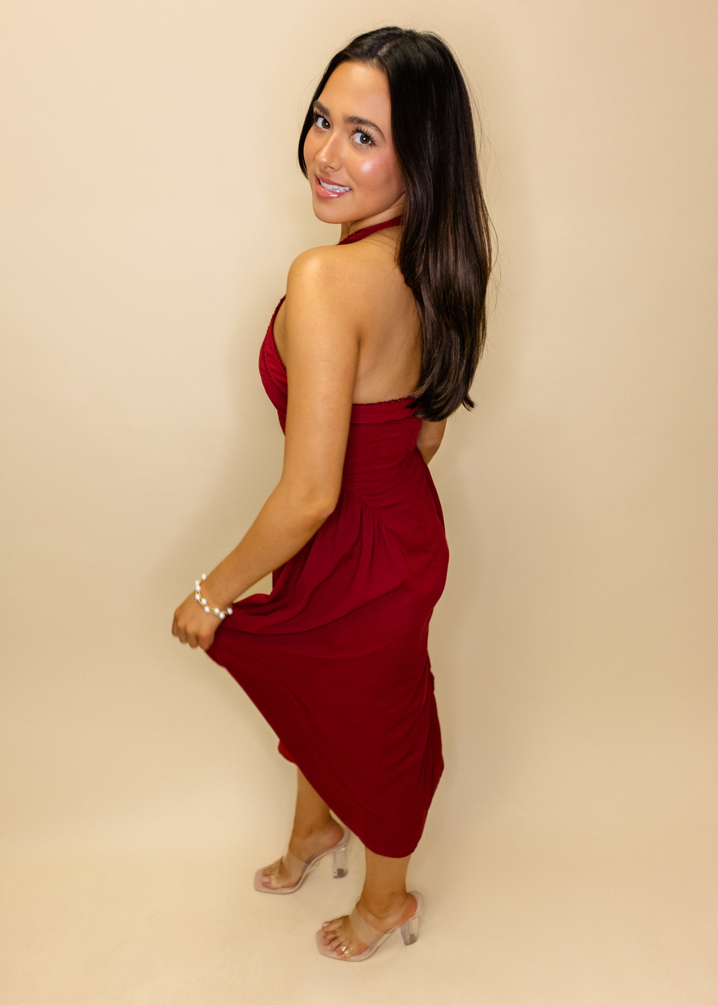 Burgundy Halter Neck Midi Dress Love, ivy Boutique MS Burgundy Halter Neck Midi Dress Love, ivy Boutique MS