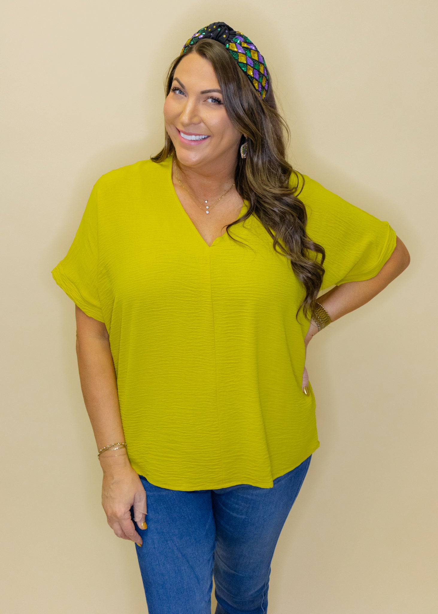 Chartreuse Solid V-Neck Top