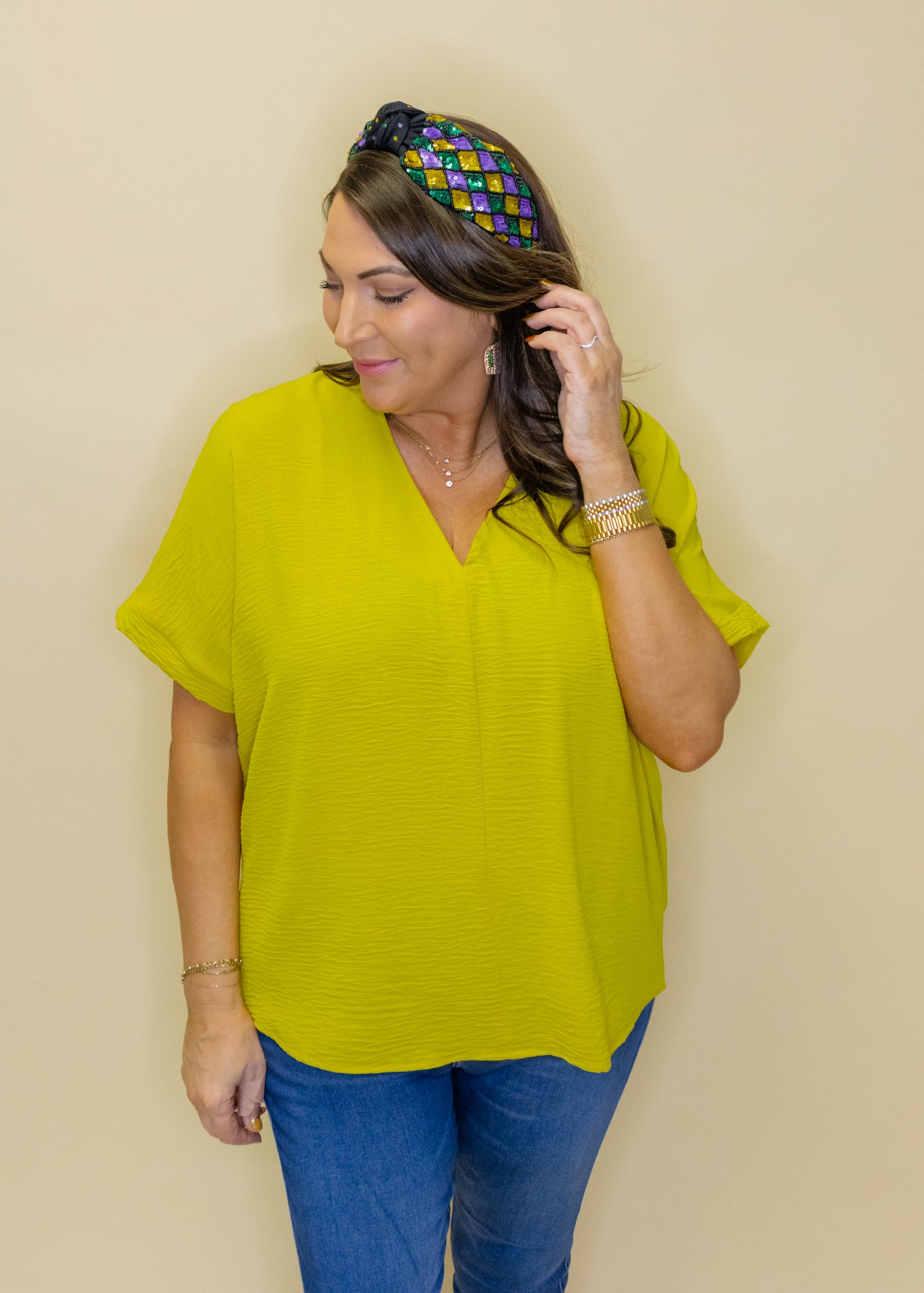 Chartreuse Solid V-Neck Top