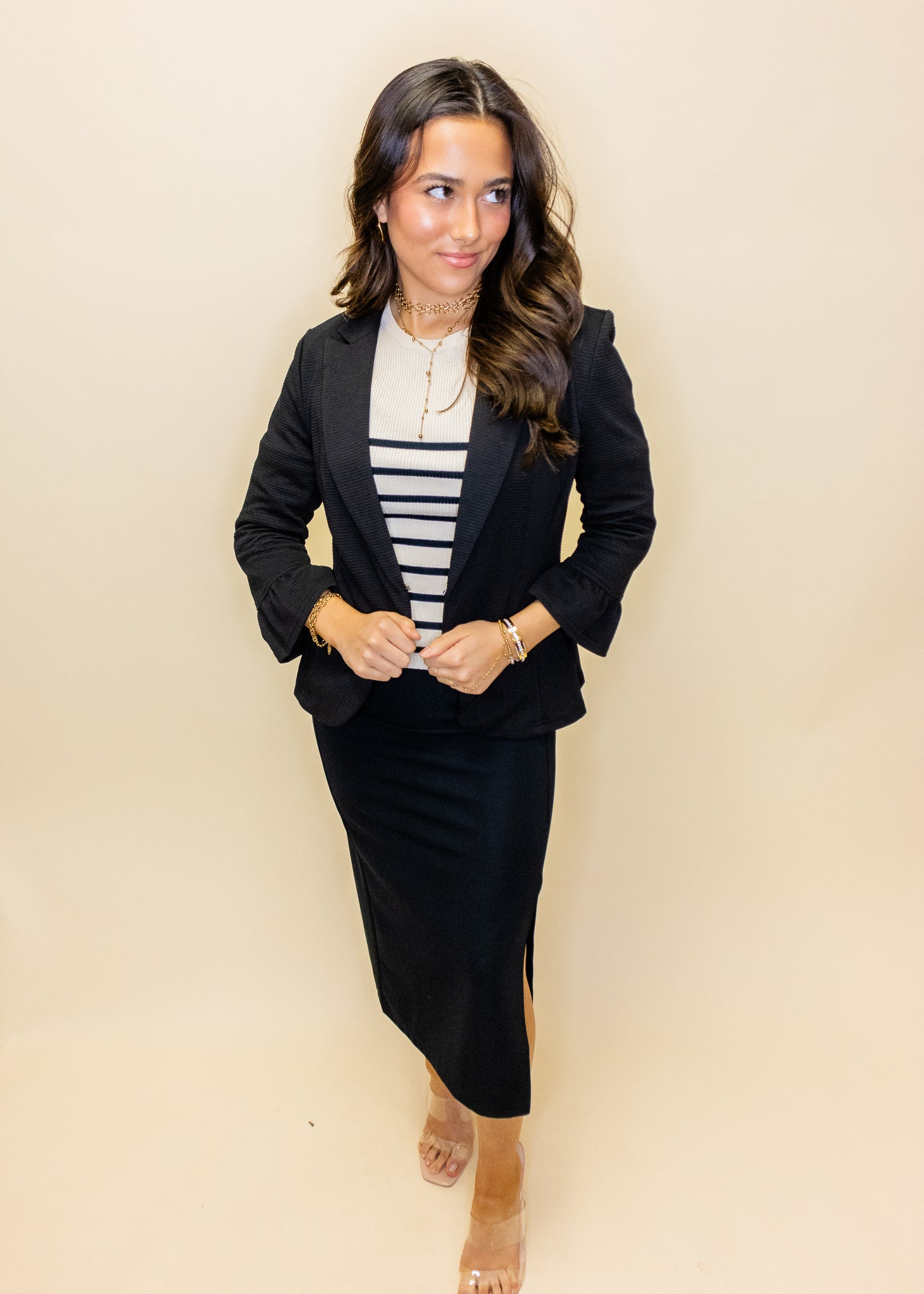 Black 3/4 Ruffle Sleeve Blazer