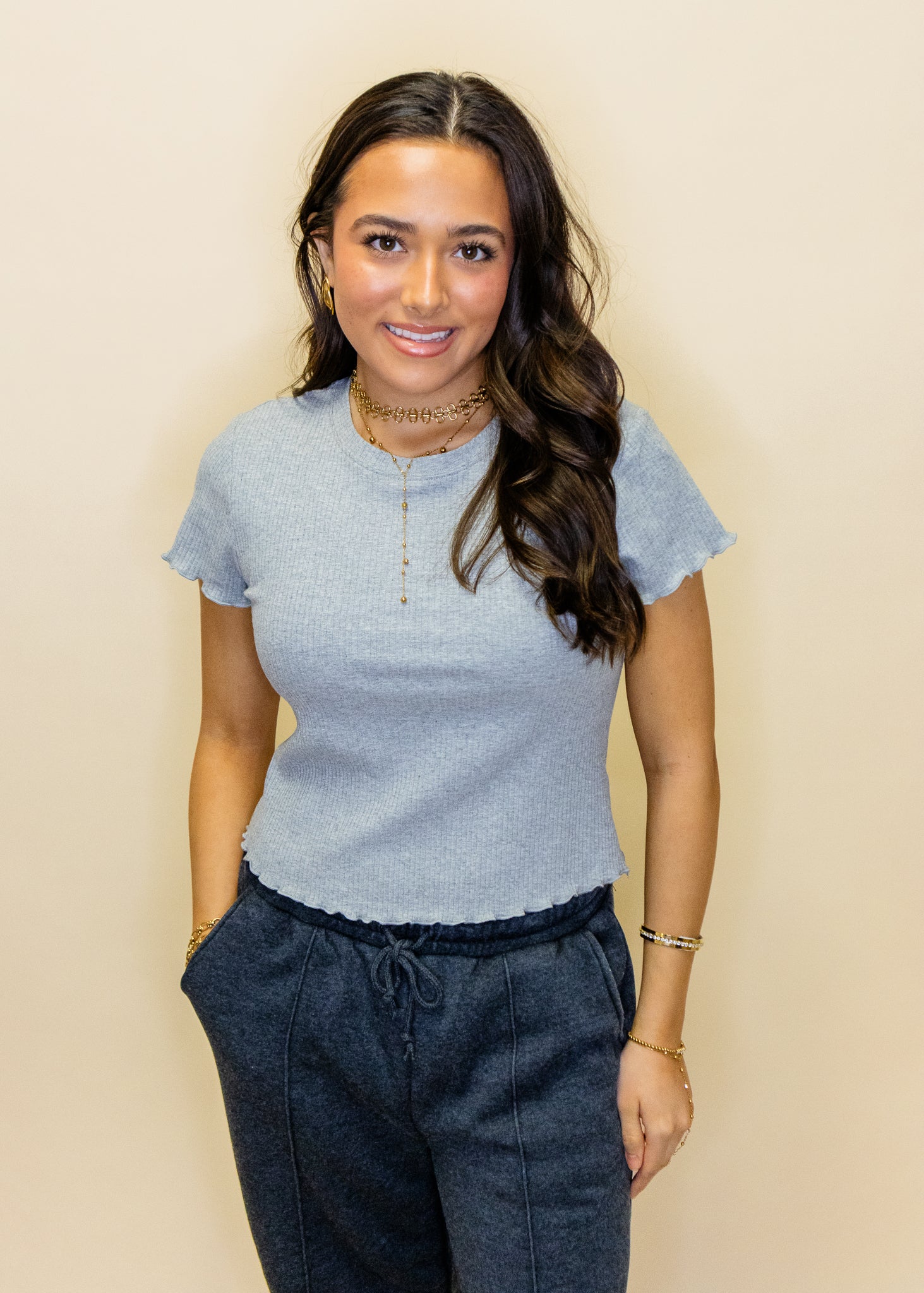 Grey Ribbed Fitted Top