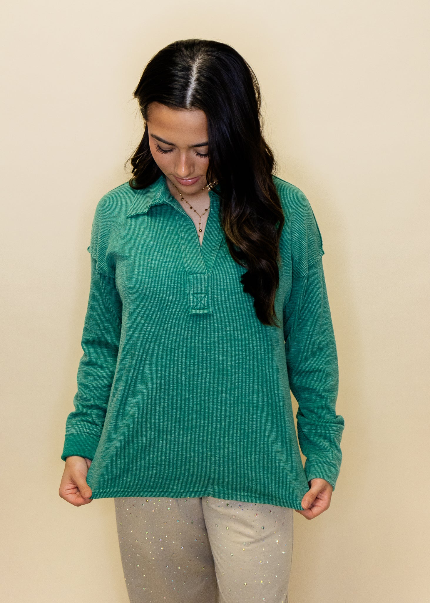 Green Casual V-Neck Top