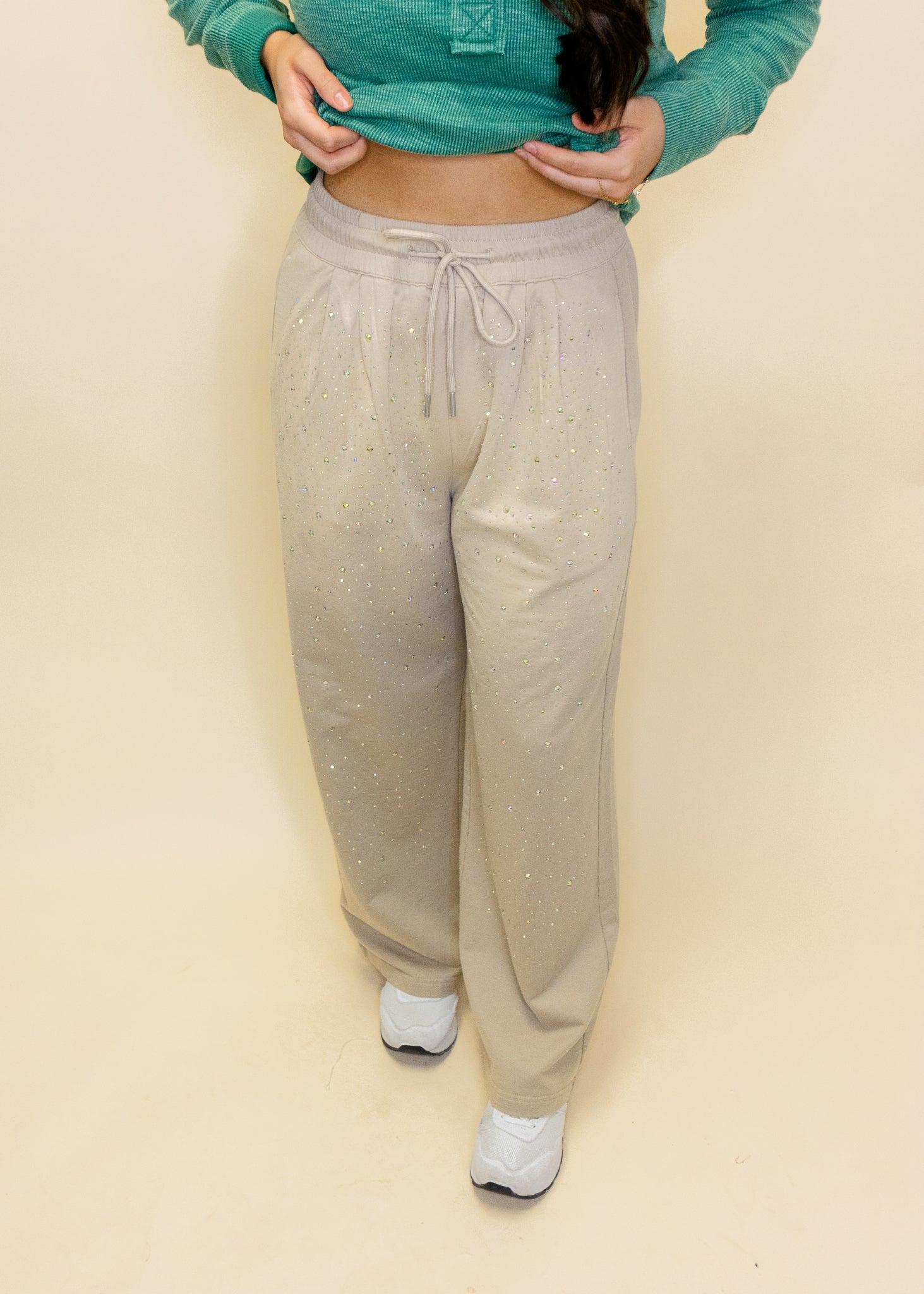Sand Rhinestone Wide Leg Sweatpant