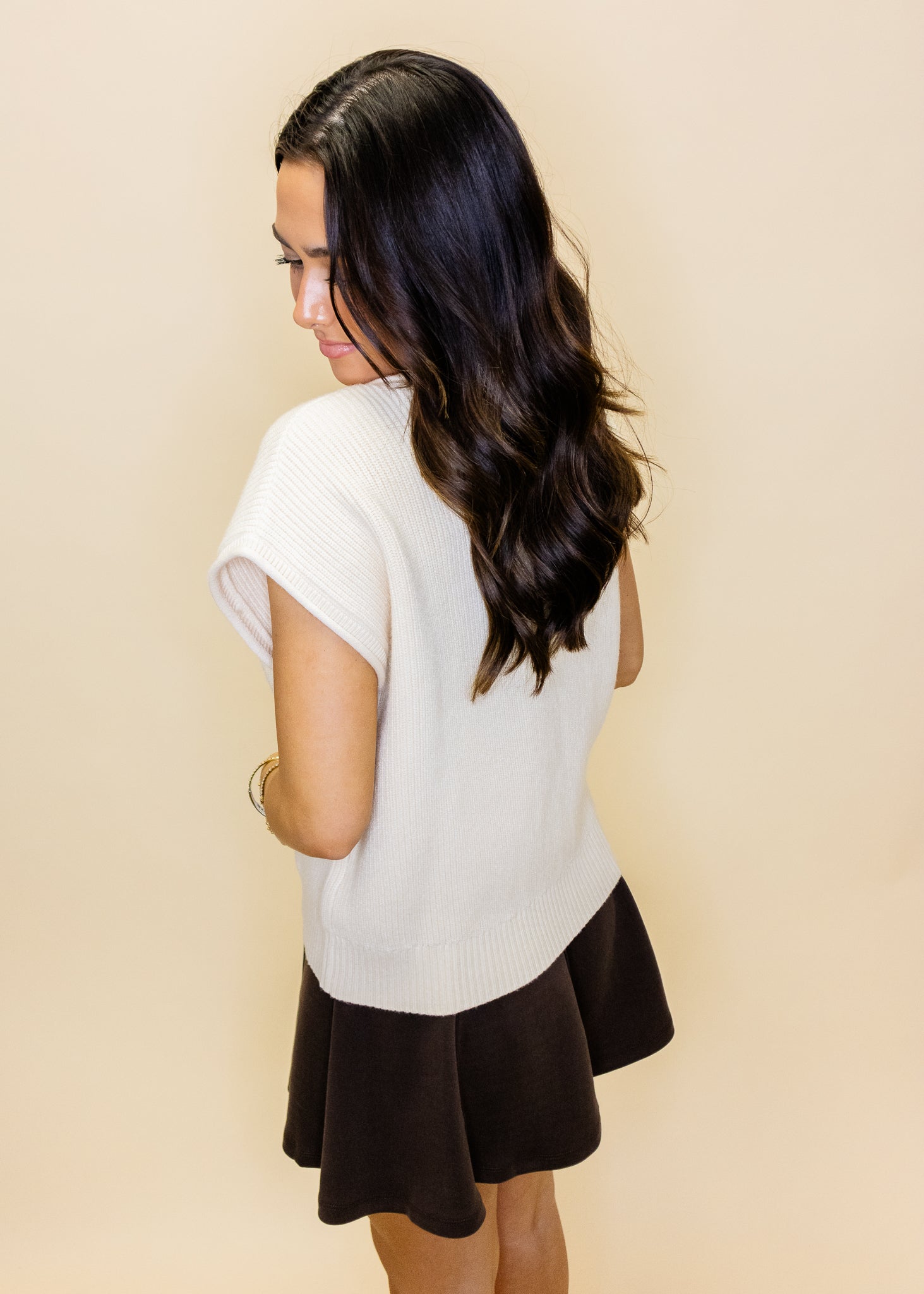 Cream Button Up Short Sleeve Knit Vest