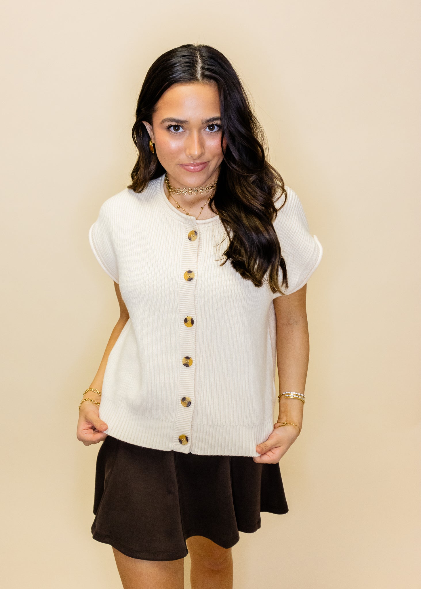 Cream Button Up Short Sleeve Knit Vest