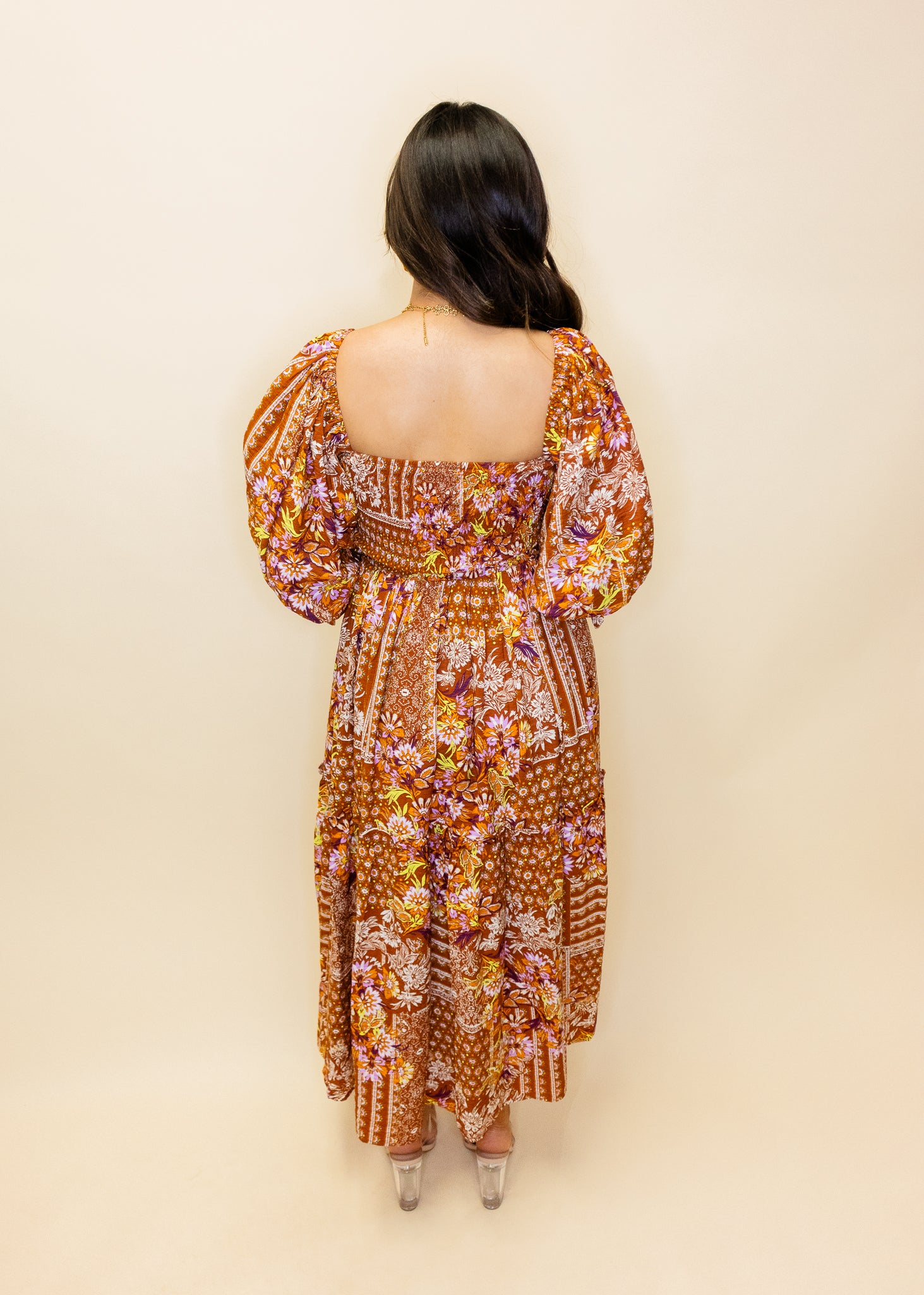 Brown Print Smocked Dress