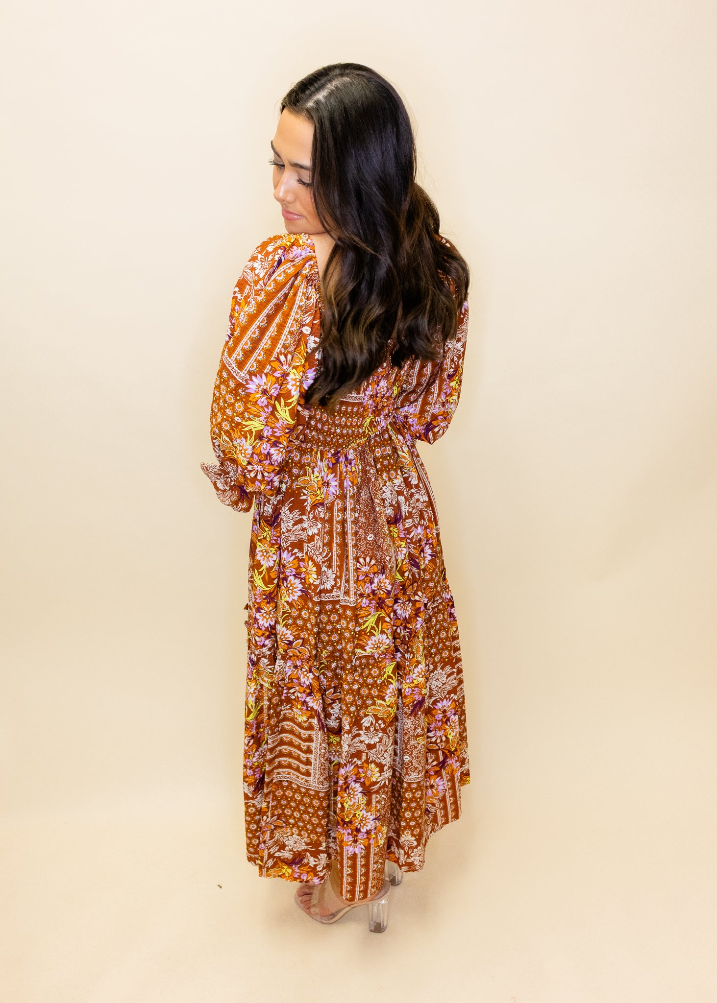 Brown Print Smocked Dress