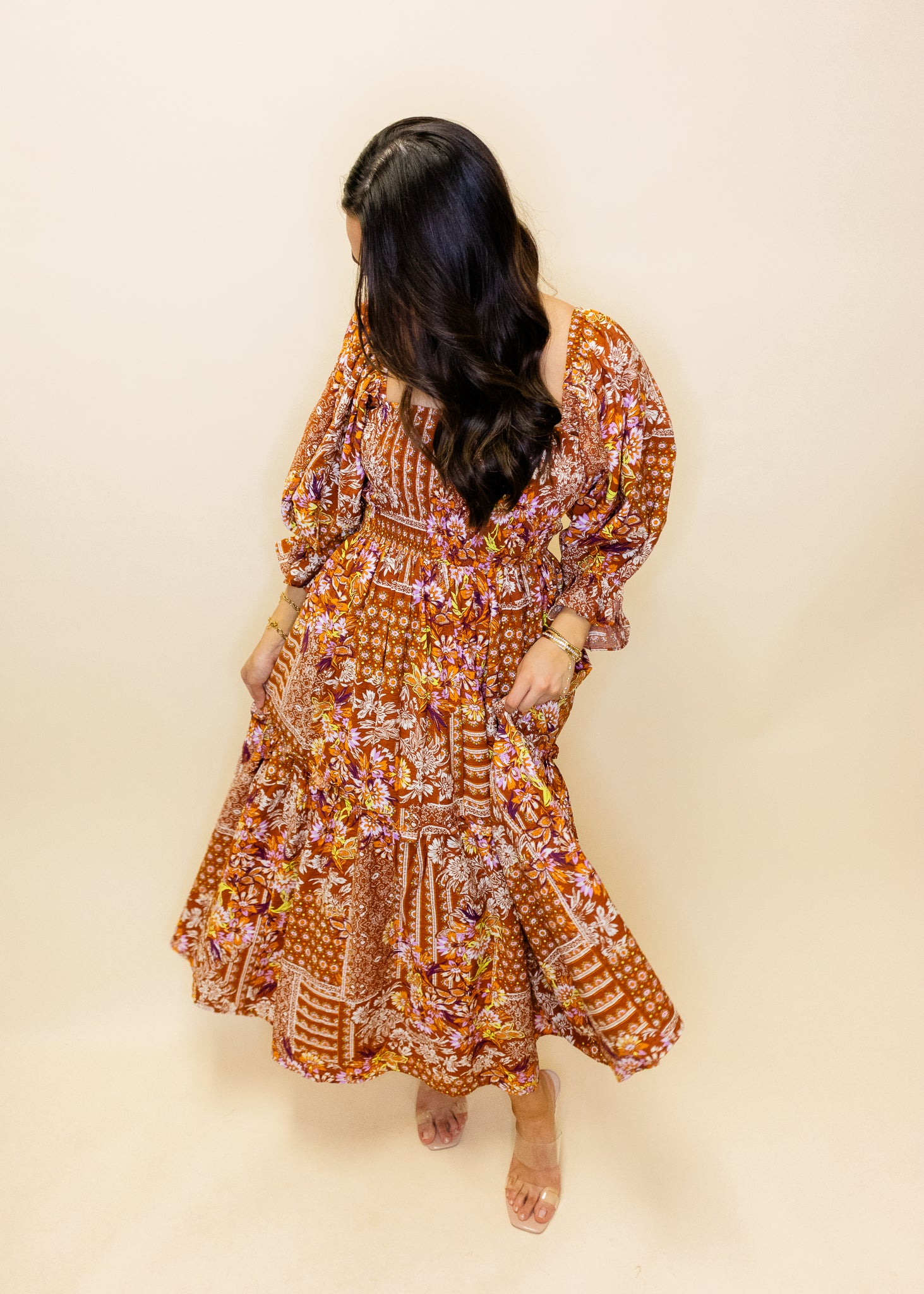 Brown Print Smocked Dress