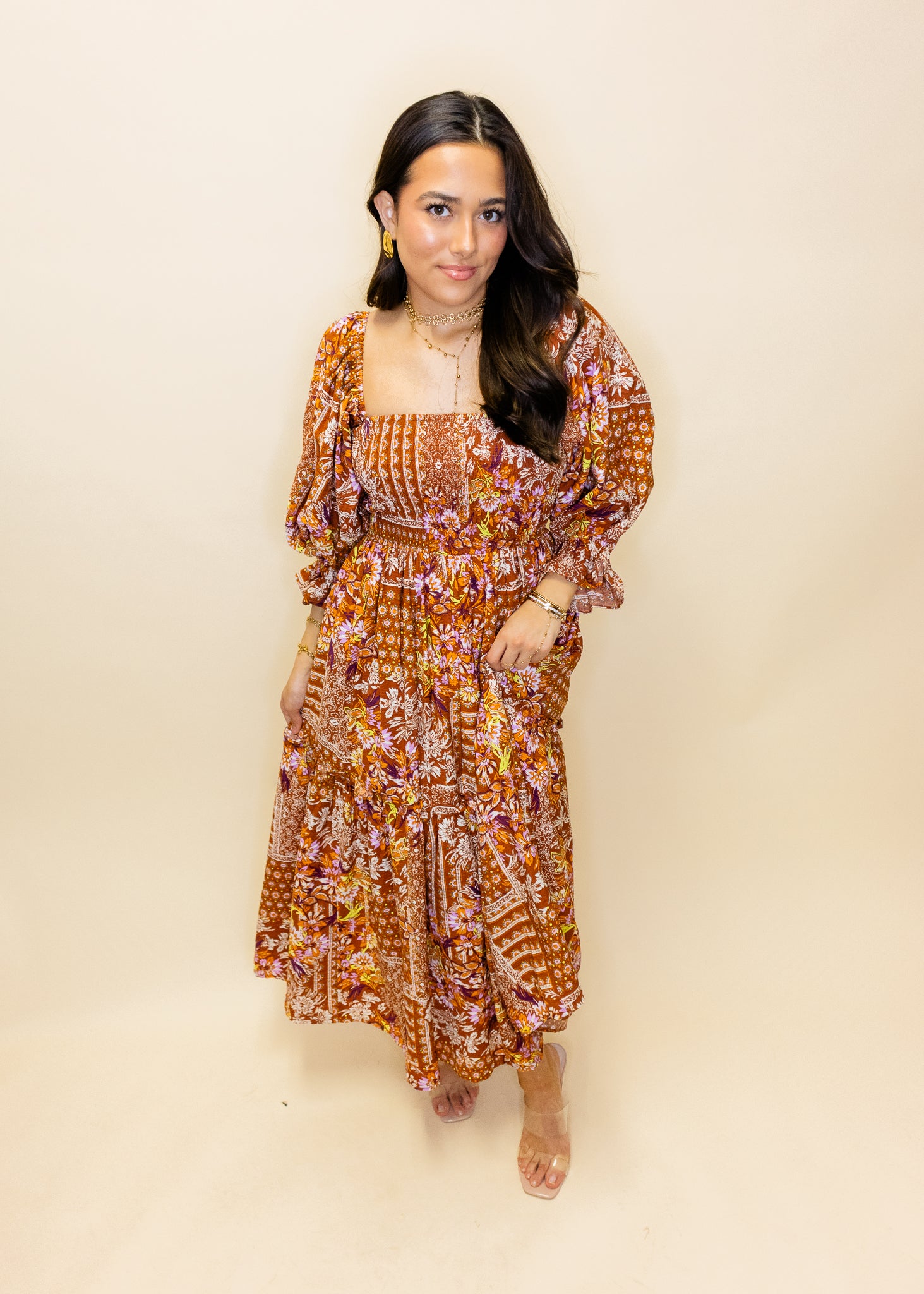 Brown Print Smocked Dress