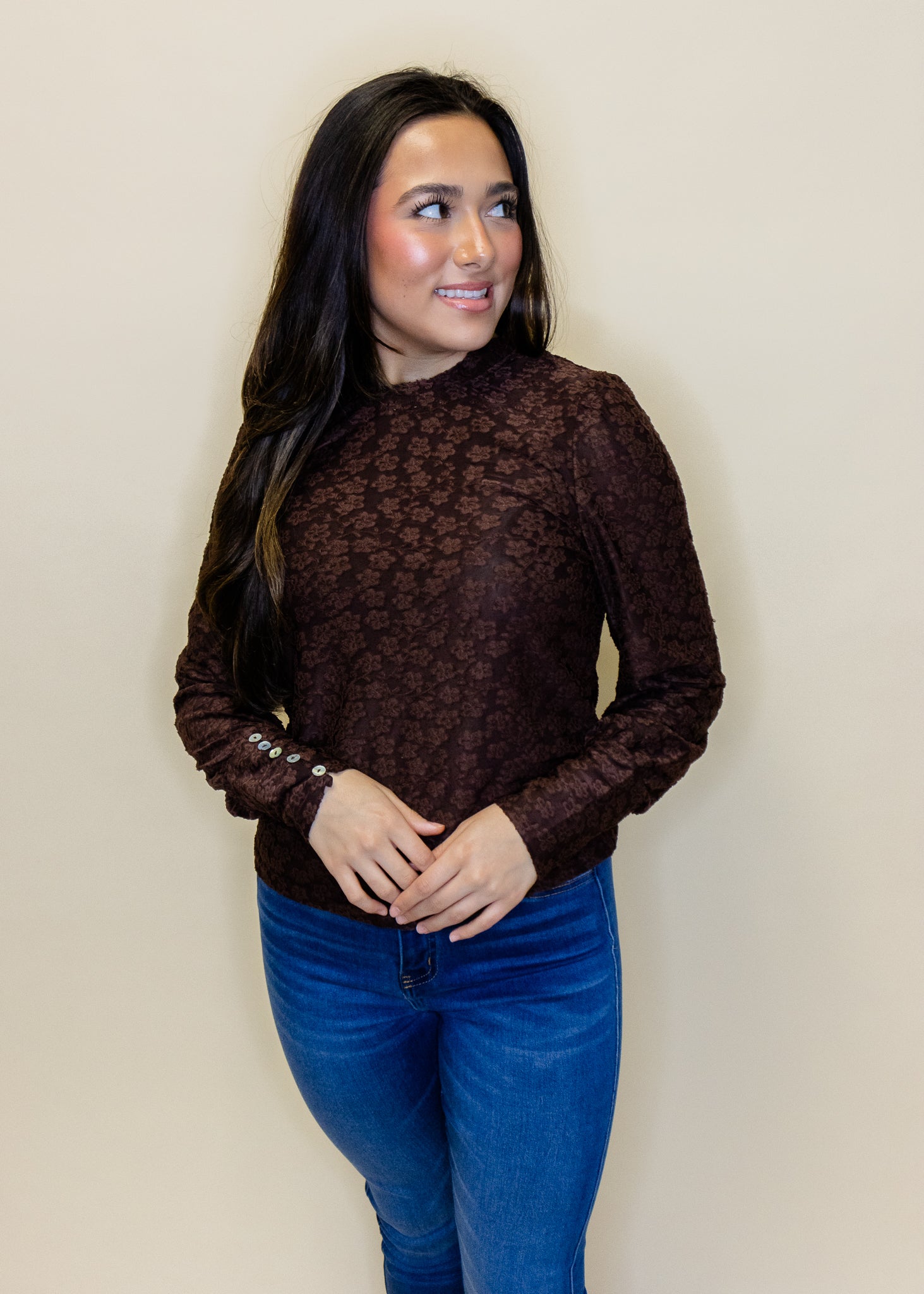 Brown Lace Long Sleeve Top