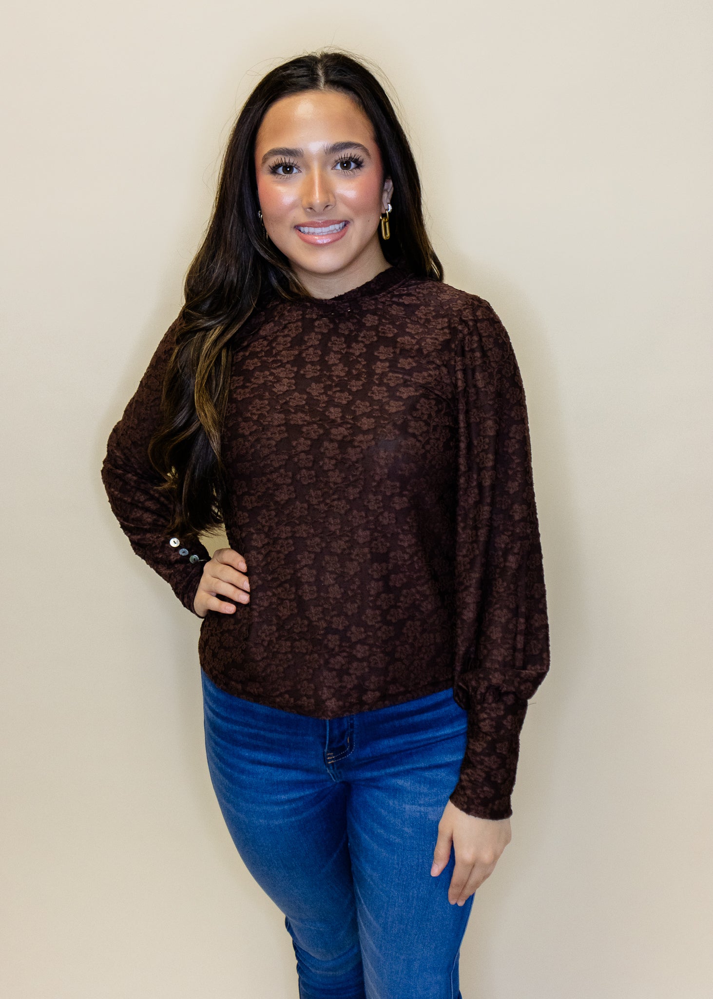 Brown Lace Long Sleeve Top