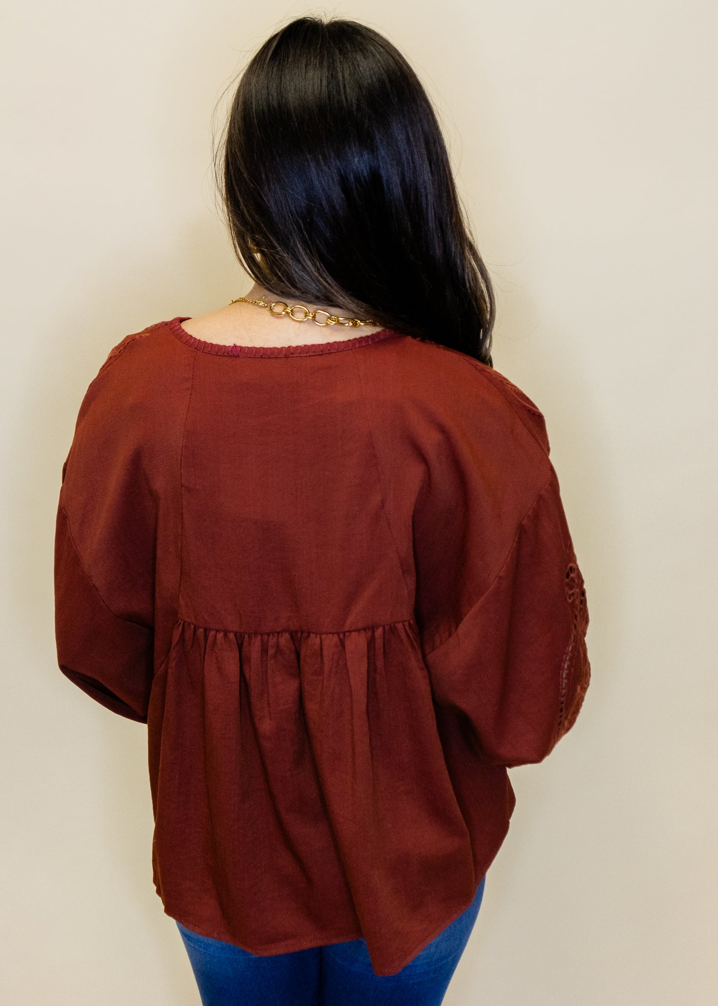 Rust Embroidered 3/4 Sleeve Top