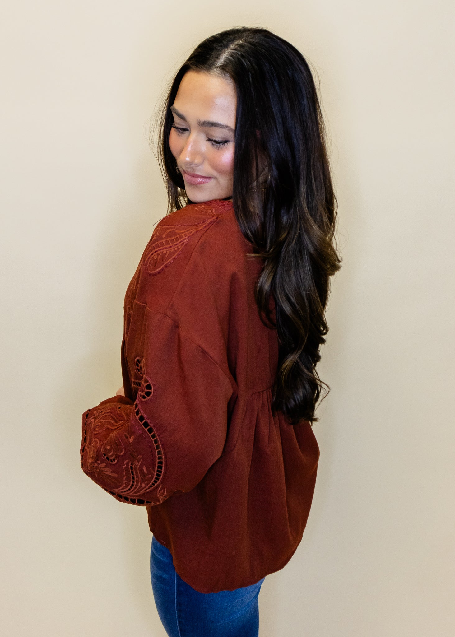 Rust Embroidered 3/4 Sleeve Top