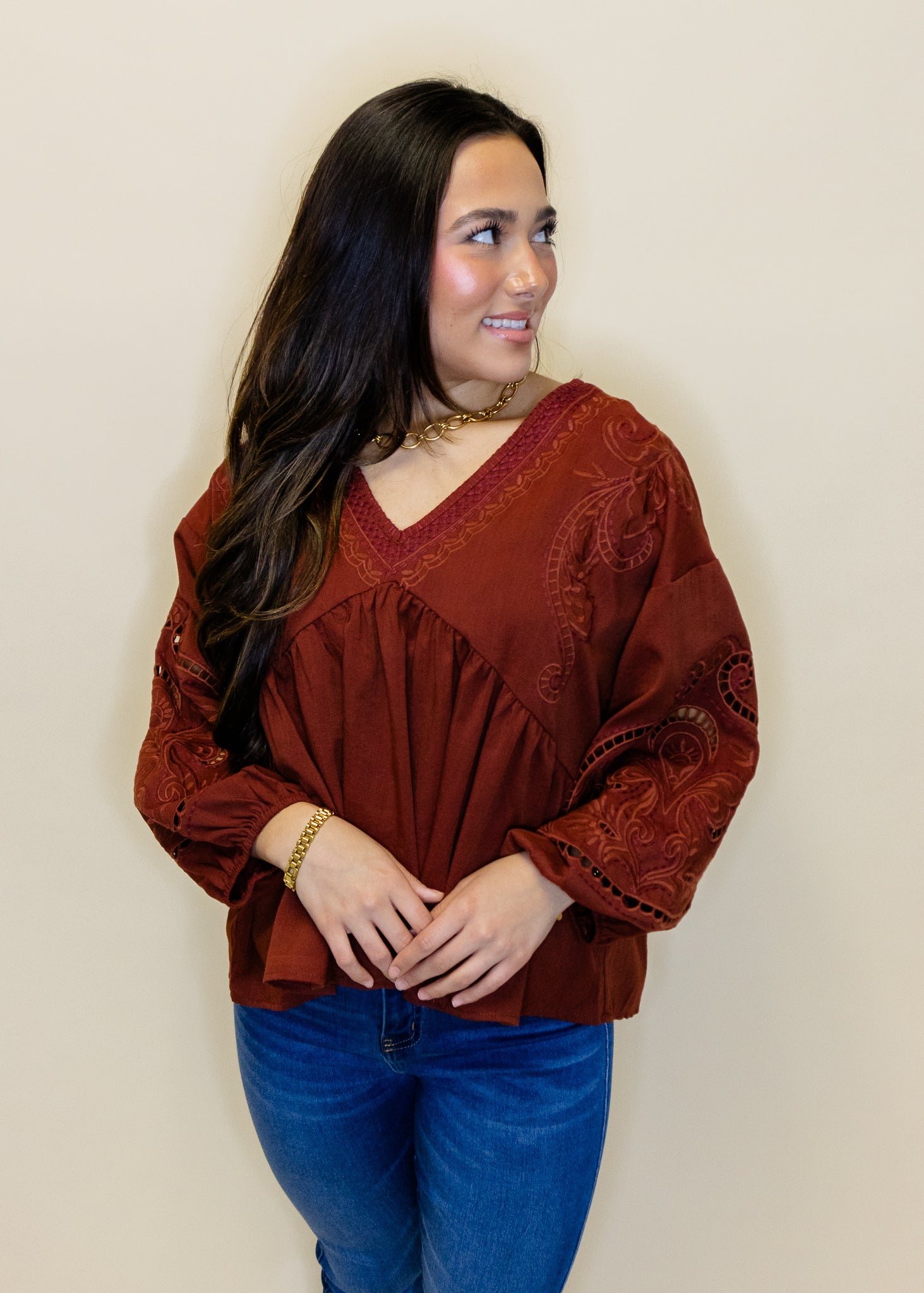 Rust Embroidered 3/4 Sleeve Top