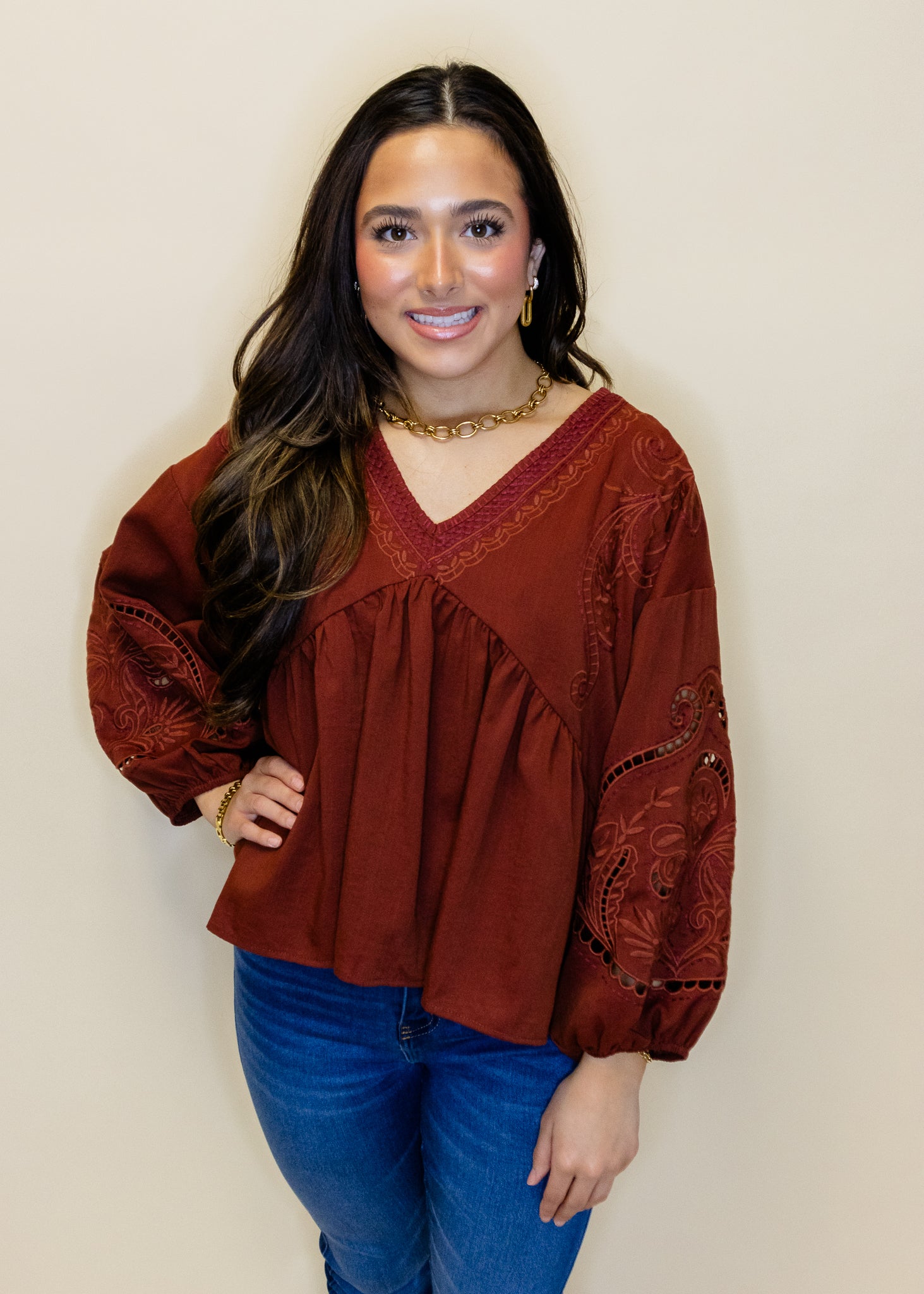 Rust Embroidered 3/4 Sleeve Top