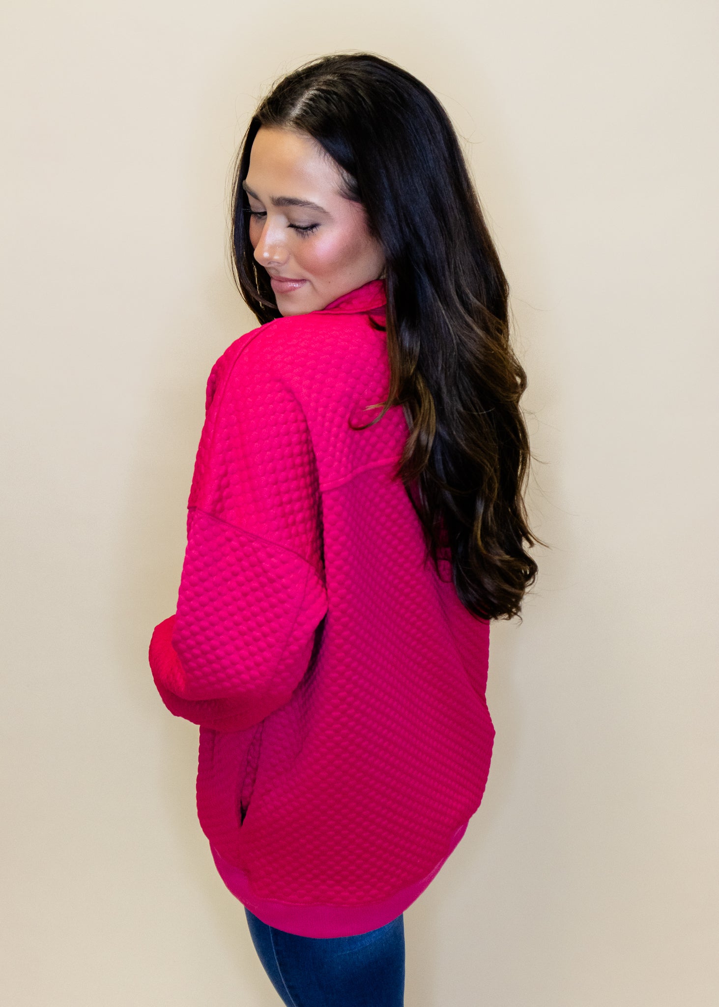 Pink Textured Half Zip Pullover