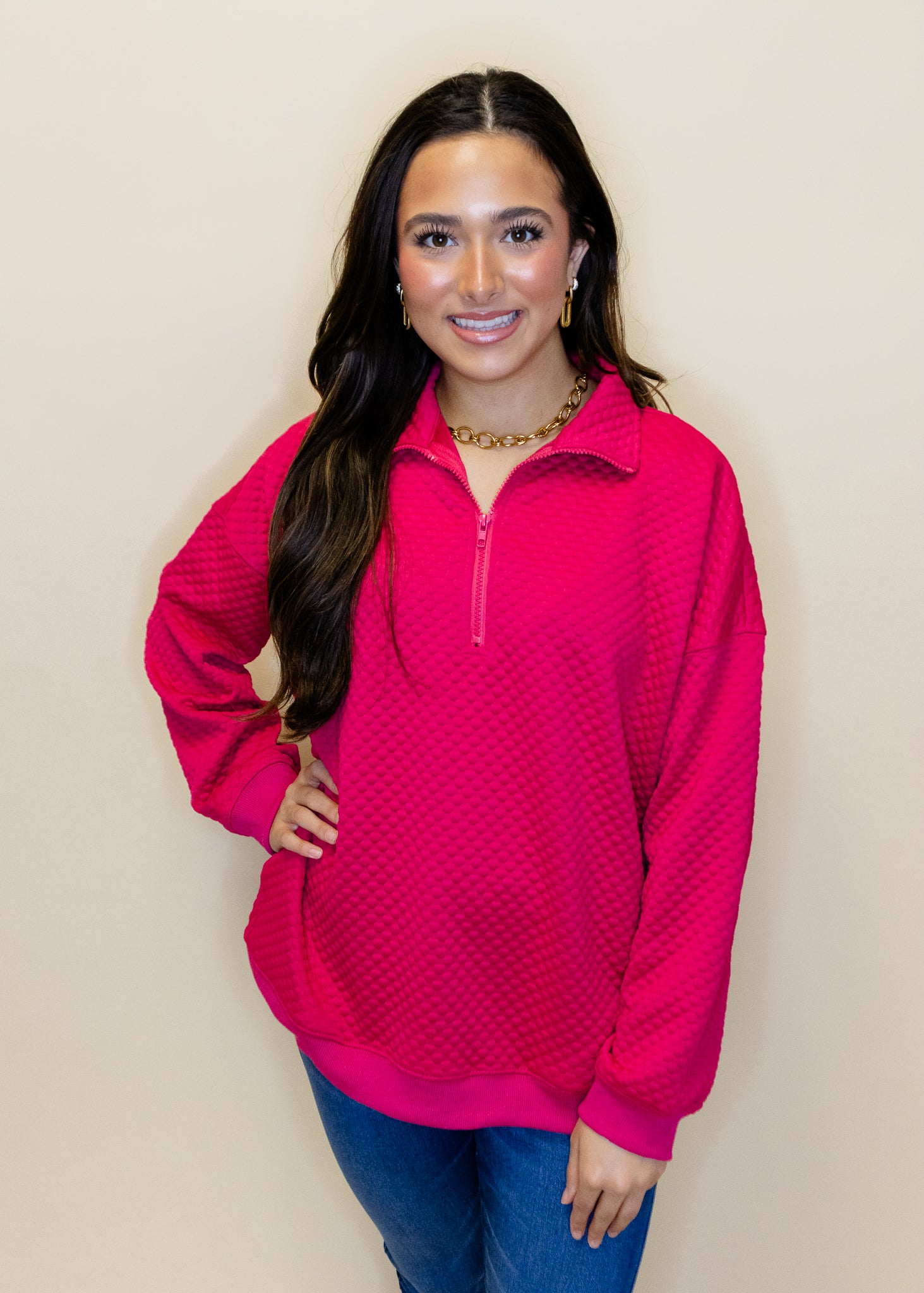 Pink Textured Half Zip Pullover