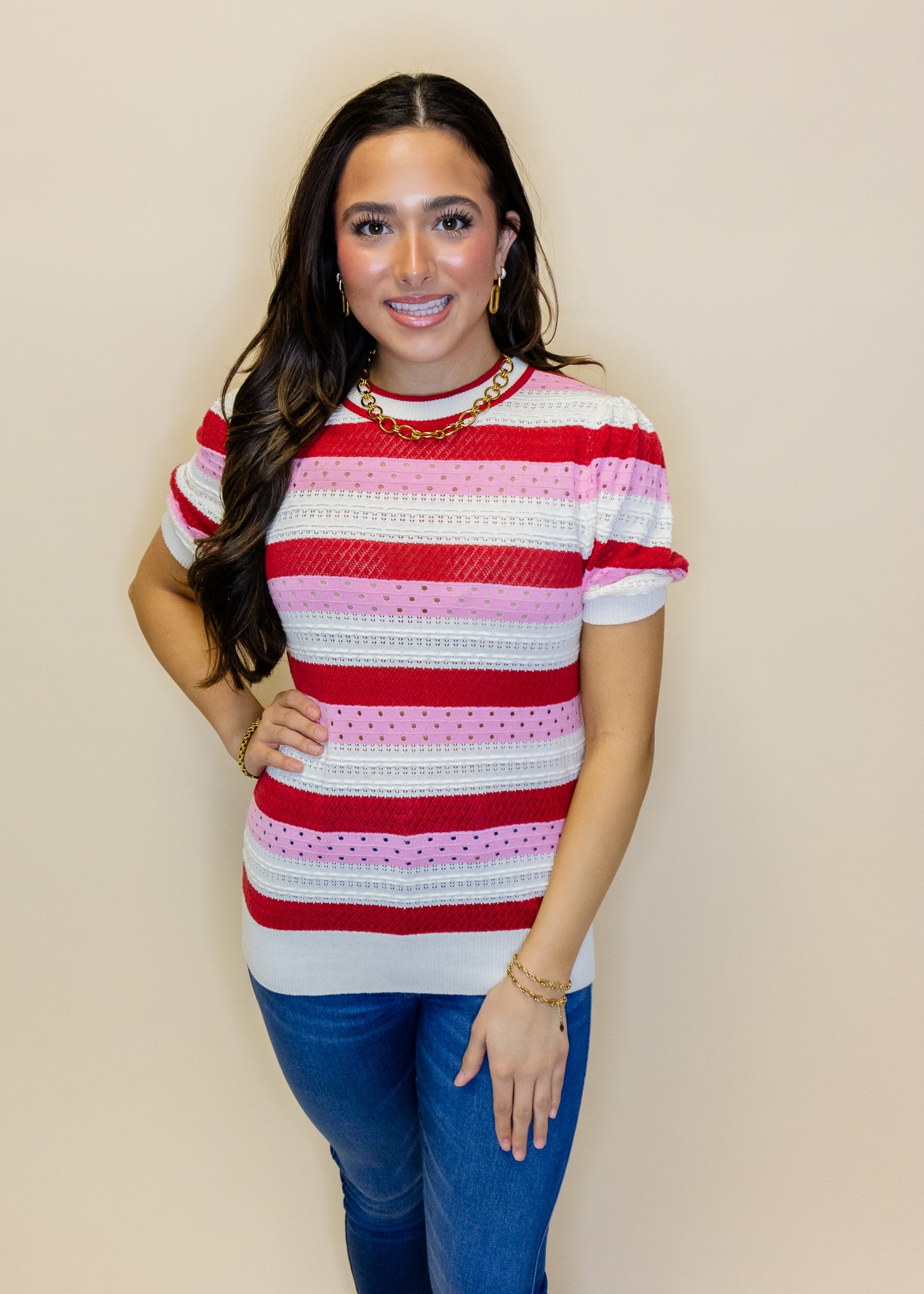Red & Pink Stripe Knit Top