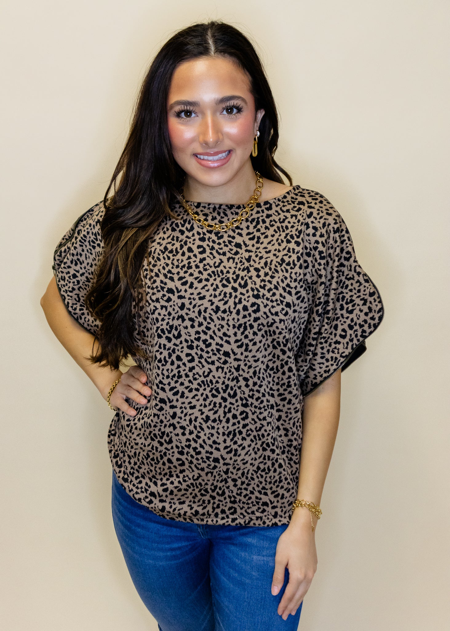 Leopard Zipper Sleeve Top