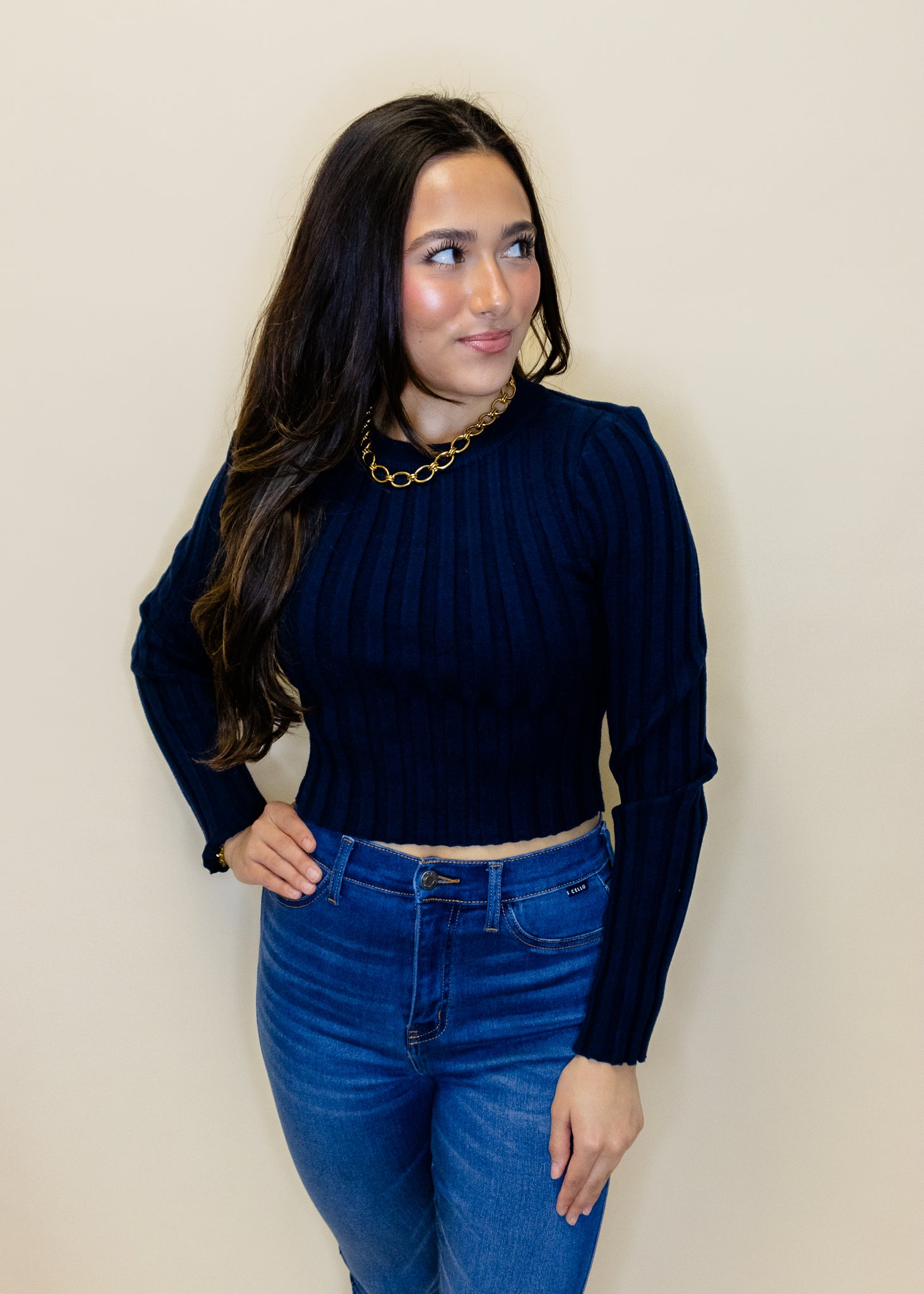 Navy Crop Open Back Sweater