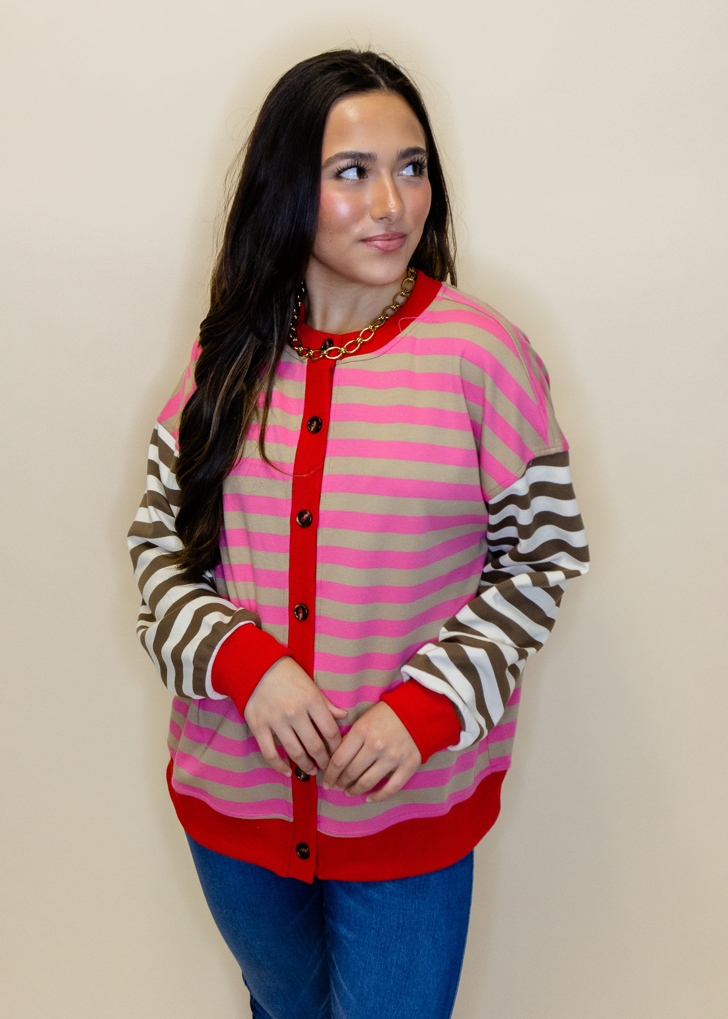 Red Contrast Stripe Cardigan