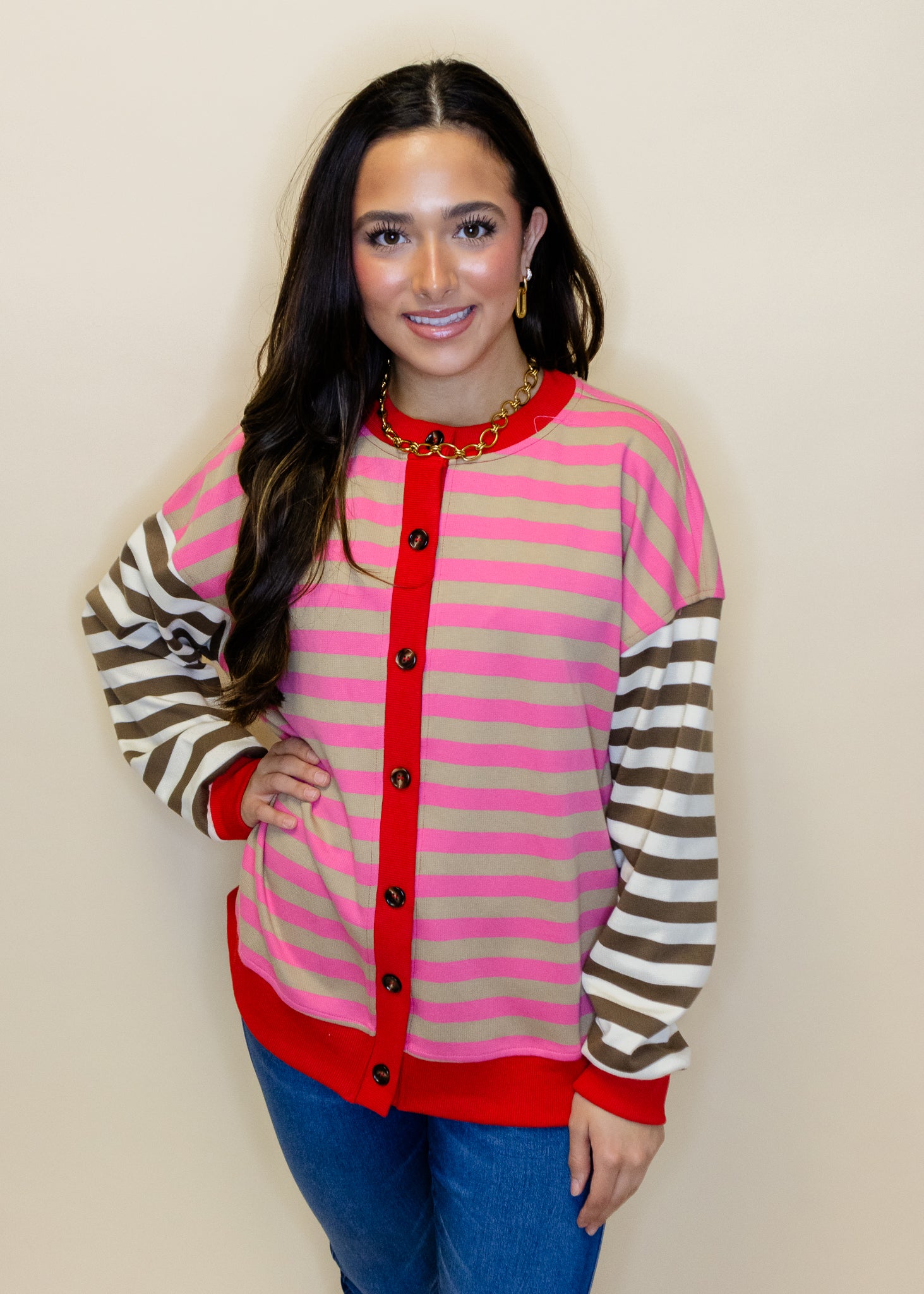 Red Contrast Stripe Cardigan