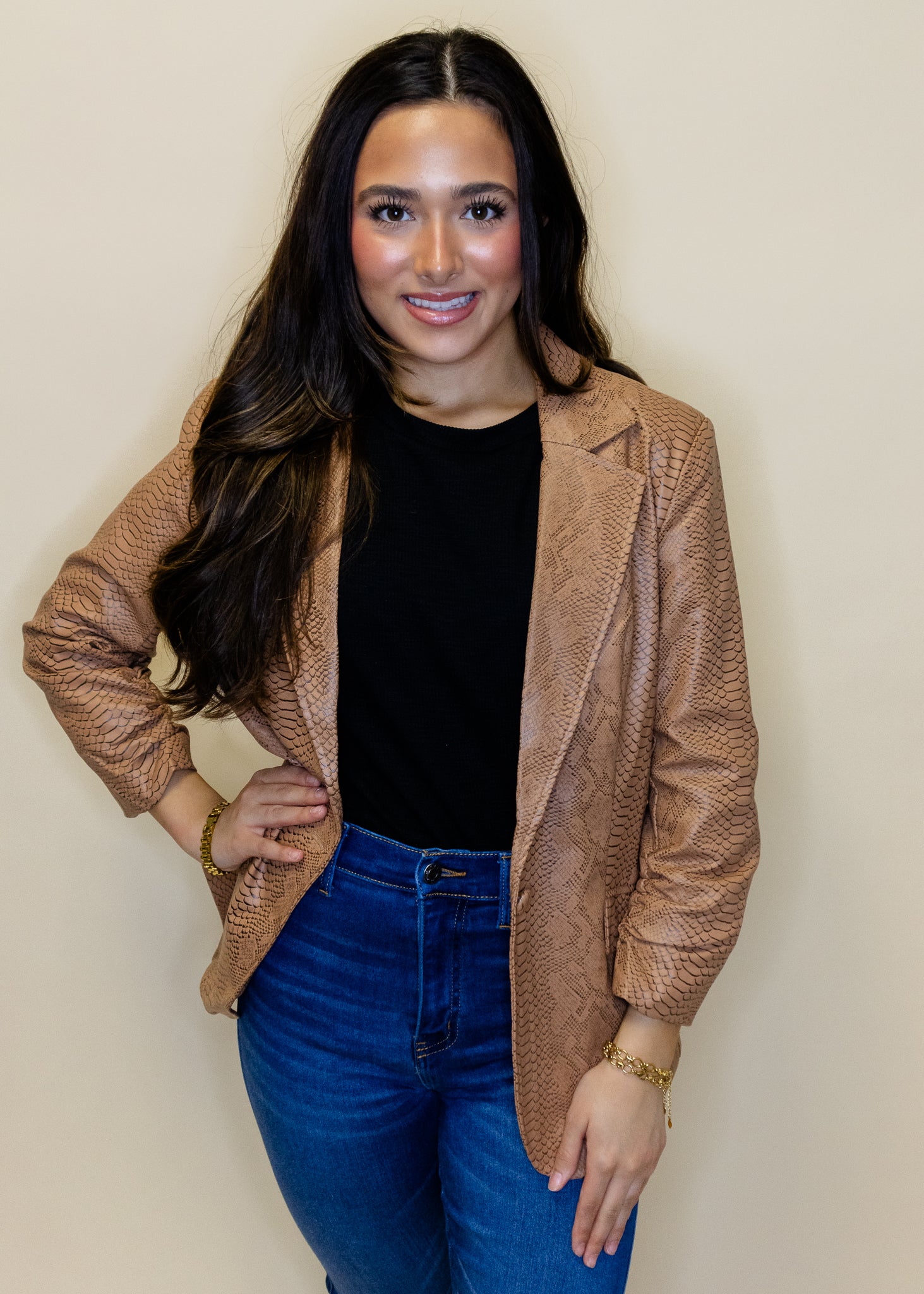 Camel Animal Print Faux Leather Blazer